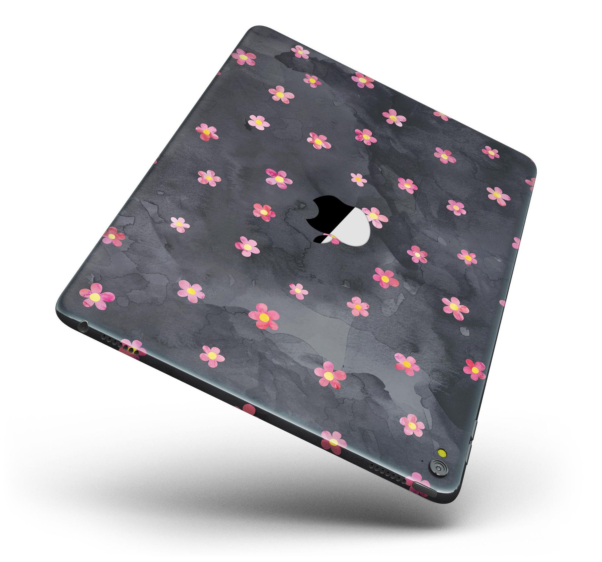 Cute watercolor flowers design on a black full body skin for iPad Pro, showcasing vibrant colors and a protective vinyl layer.