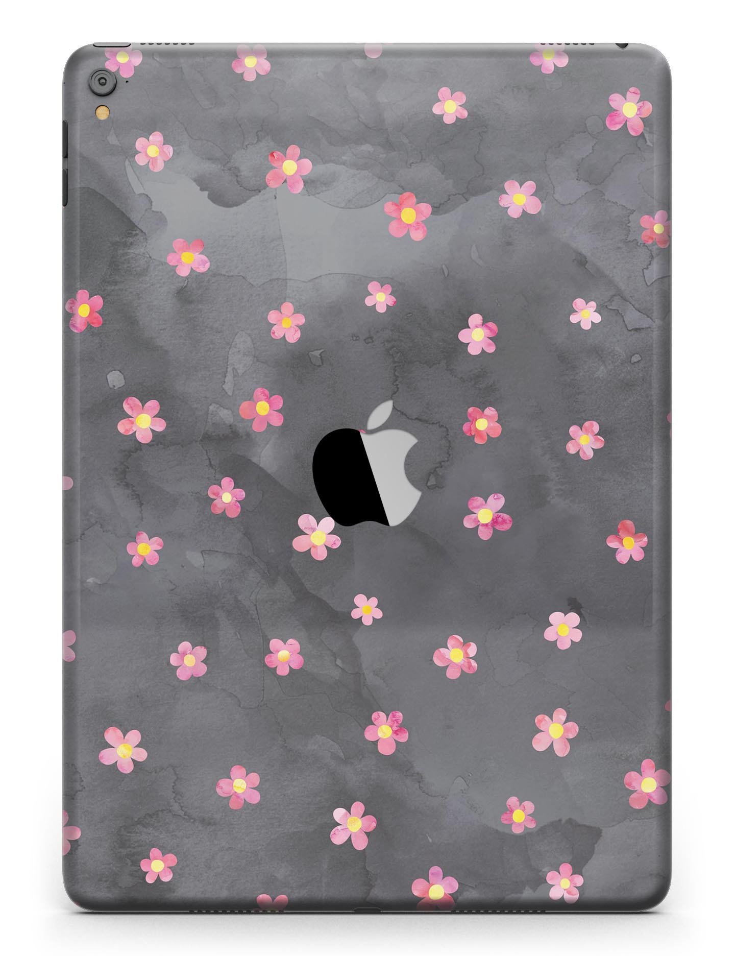 Cute watercolor flowers design on a black full body skin for iPad Pro, showcasing vibrant colors and a protective vinyl layer.