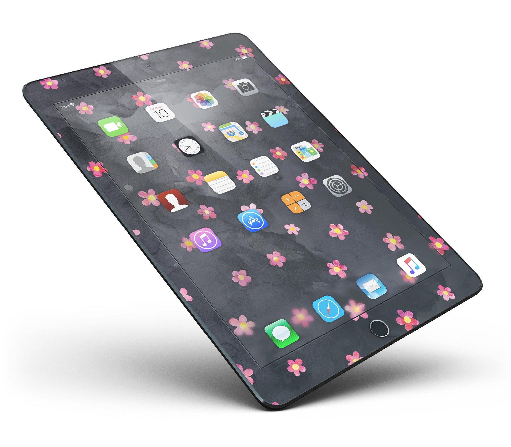 Cute watercolor flowers design on a black full body skin for iPad Pro, showcasing vibrant colors and a protective vinyl layer.