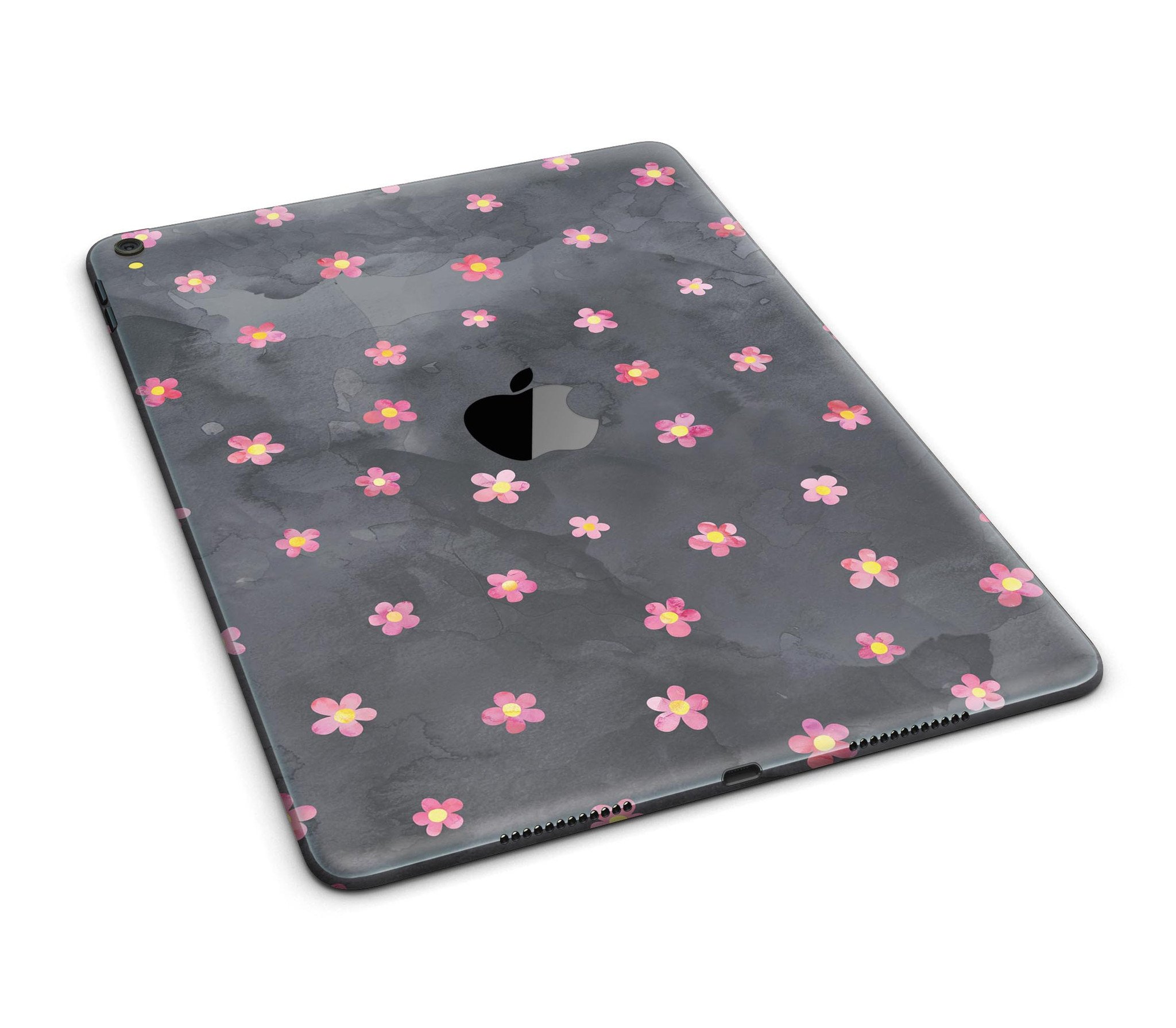 Cute watercolor flowers design on a black full body skin for iPad Pro, showcasing vibrant colors and a protective vinyl layer.