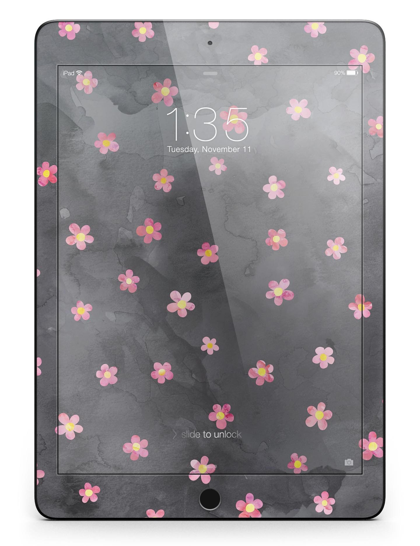 Cute watercolor flowers design on a black full body skin for iPad Pro, showcasing vibrant colors and a protective vinyl layer.