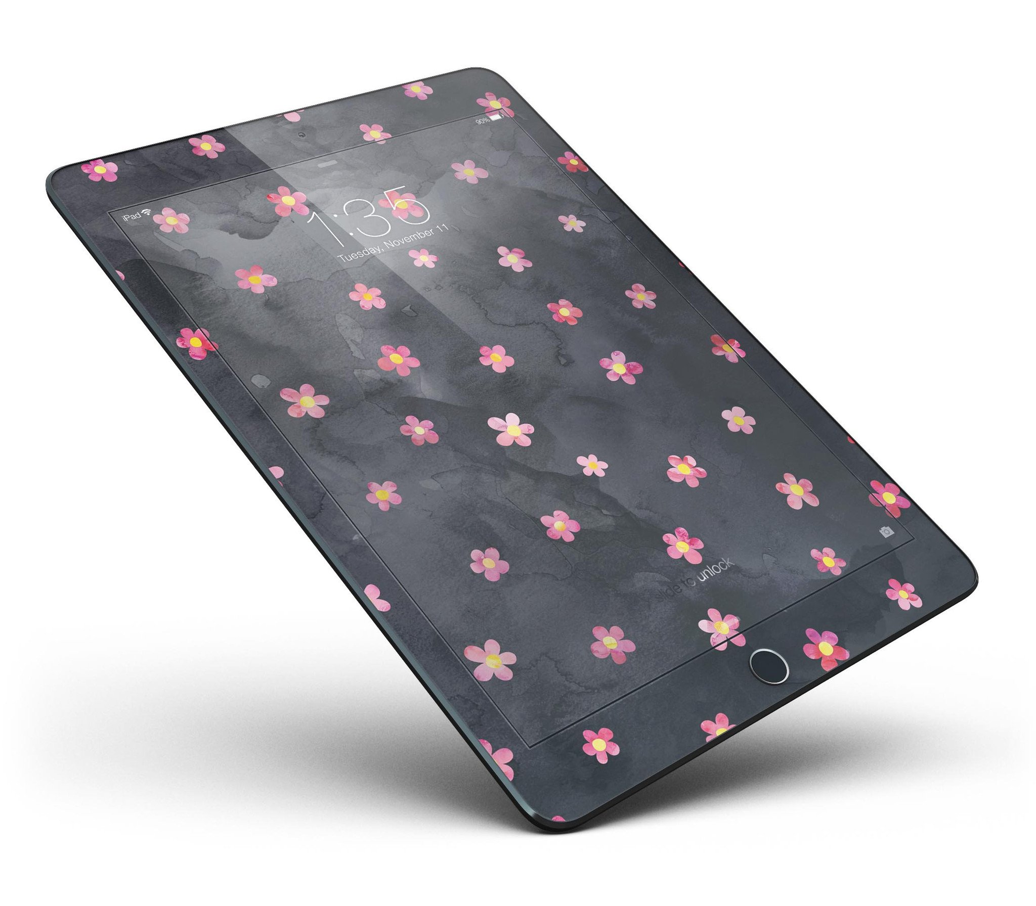 Cute watercolor flowers design on a black full body skin for iPad Pro, showcasing vibrant colors and a protective vinyl layer.