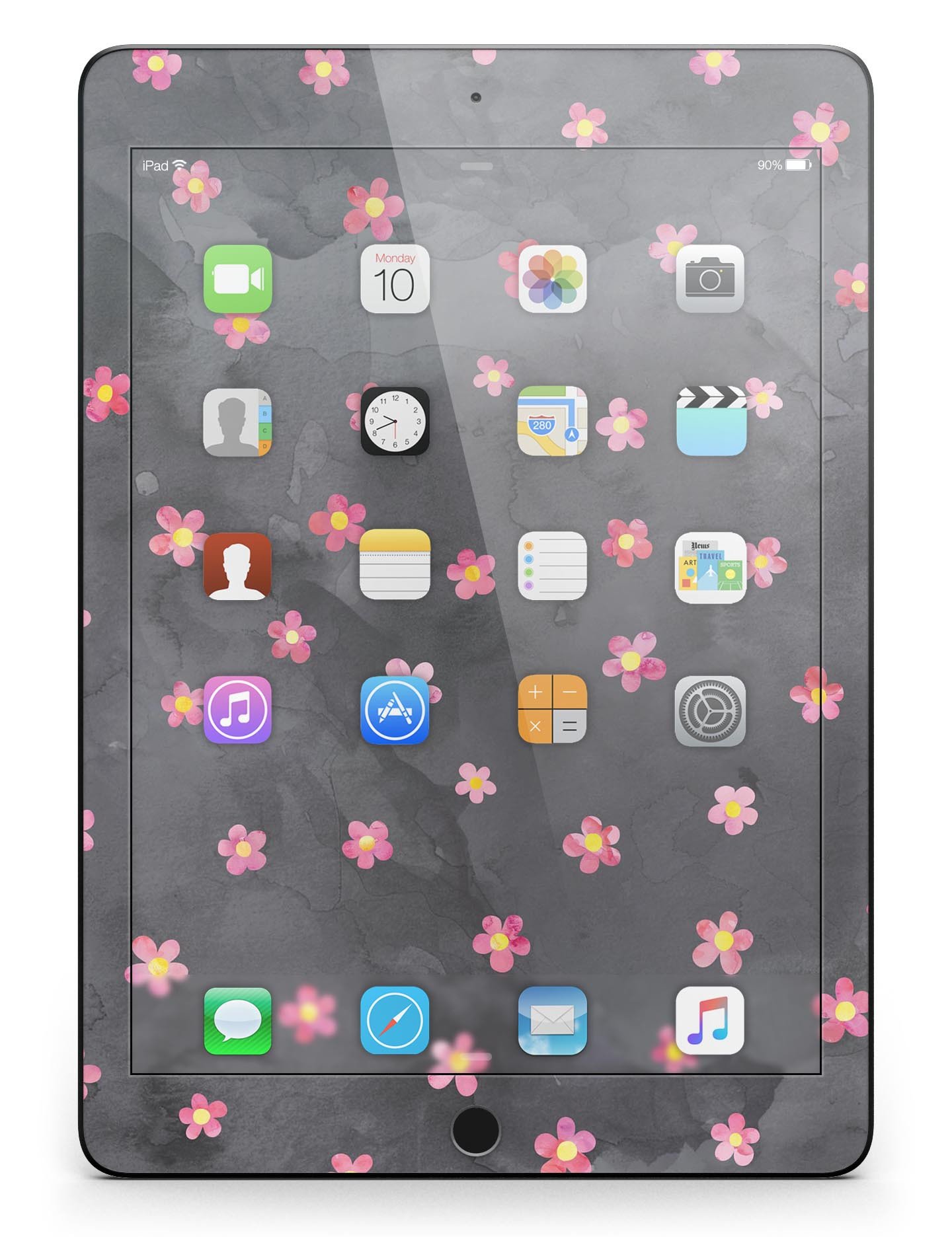 Cute watercolor flowers design on a black full body skin for iPad Pro, showcasing vibrant colors and a protective vinyl layer.