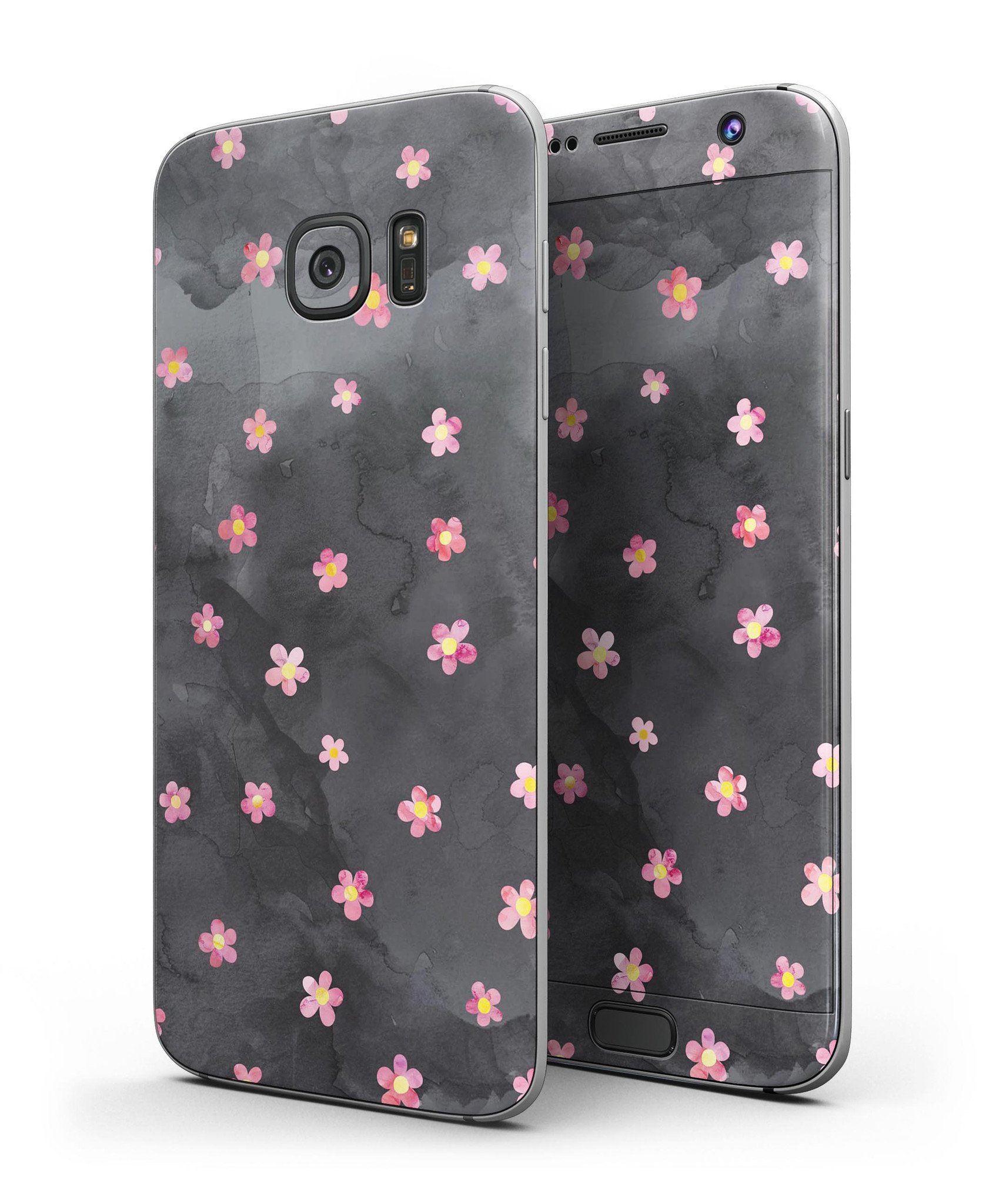 Cute Watercolor Flowers Skin-Kit for Samsung Galaxy S7/S7 Edge, showcasing vibrant floral design on a black background.