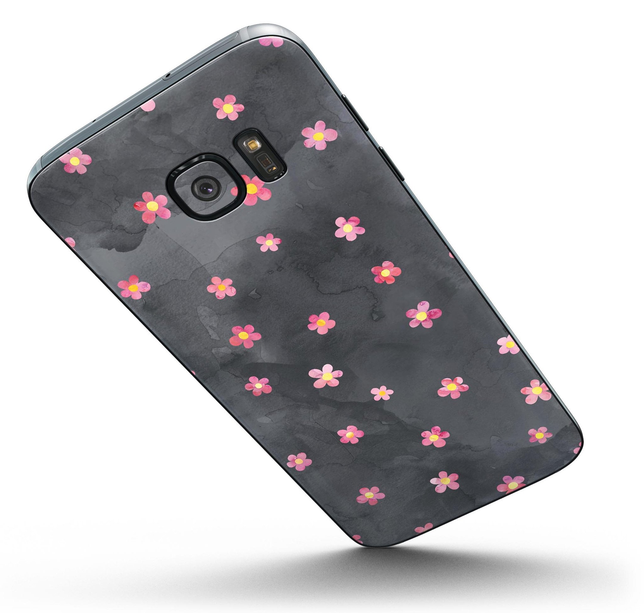 Cute Watercolor Flowers Skin-Kit for Samsung Galaxy S7/S7 Edge, showcasing vibrant floral design on a black background.