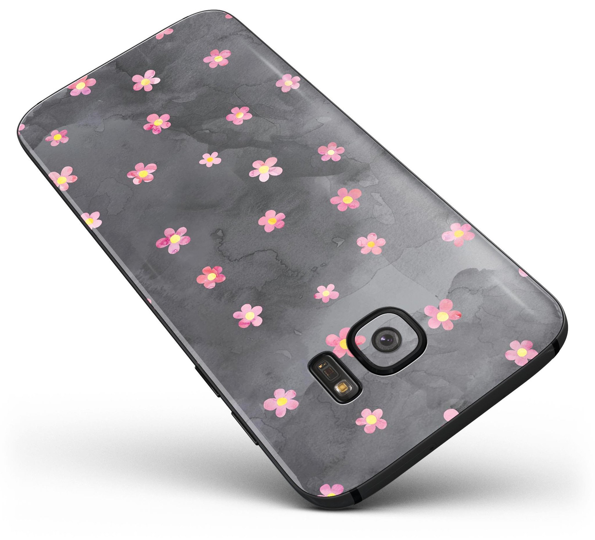 Cute Watercolor Flowers Skin-Kit for Samsung Galaxy S7/S7 Edge, showcasing vibrant floral design on a black background.