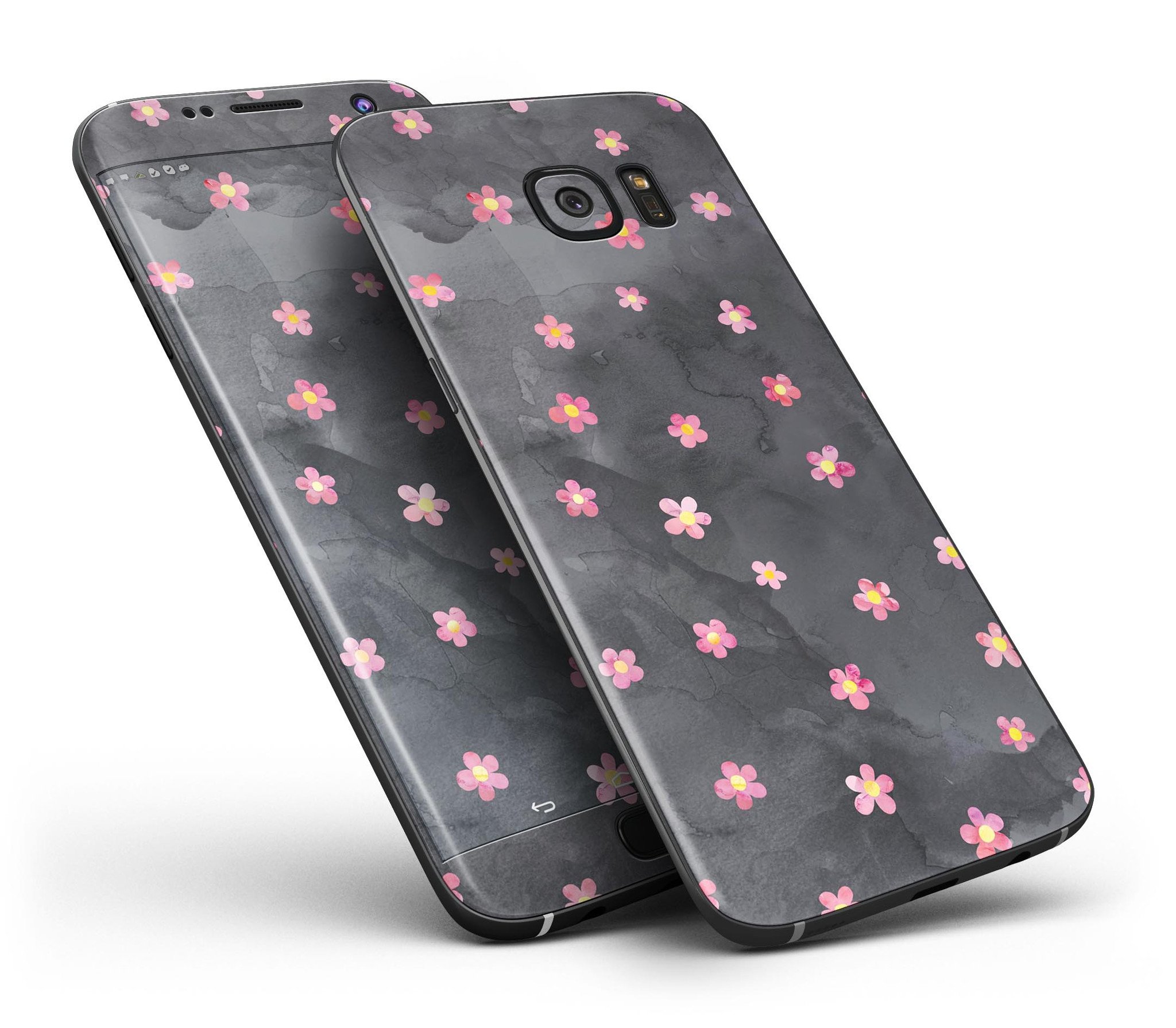 Cute Watercolor Flowers Skin-Kit for Samsung Galaxy S7/S7 Edge, showcasing vibrant floral design on a black background.