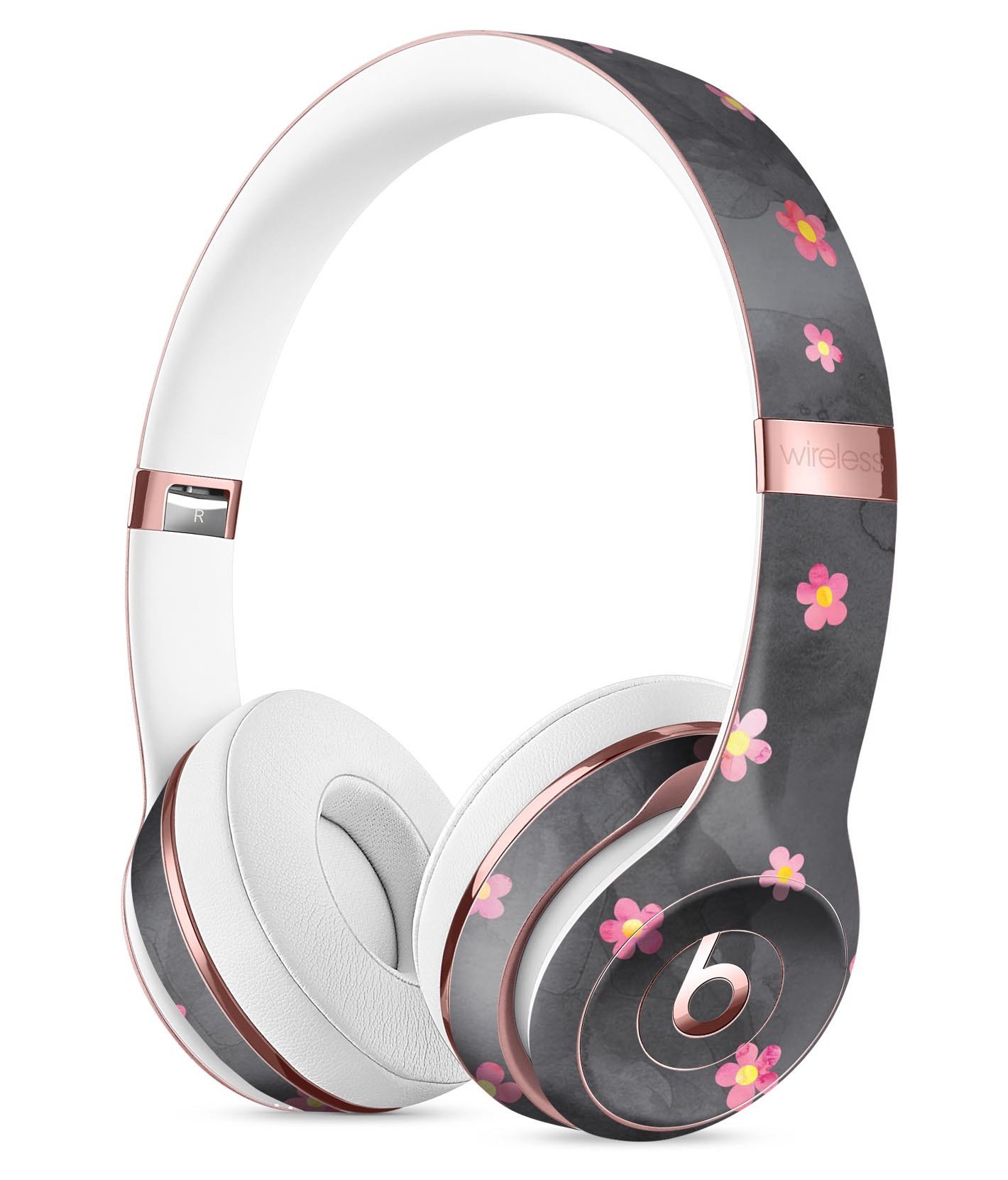 Cute Watercolor Flowers Full-Body Skin Kit for Beats by Dre Solo 3 Wireless Headphones, showcasing vibrant floral design on a black background.