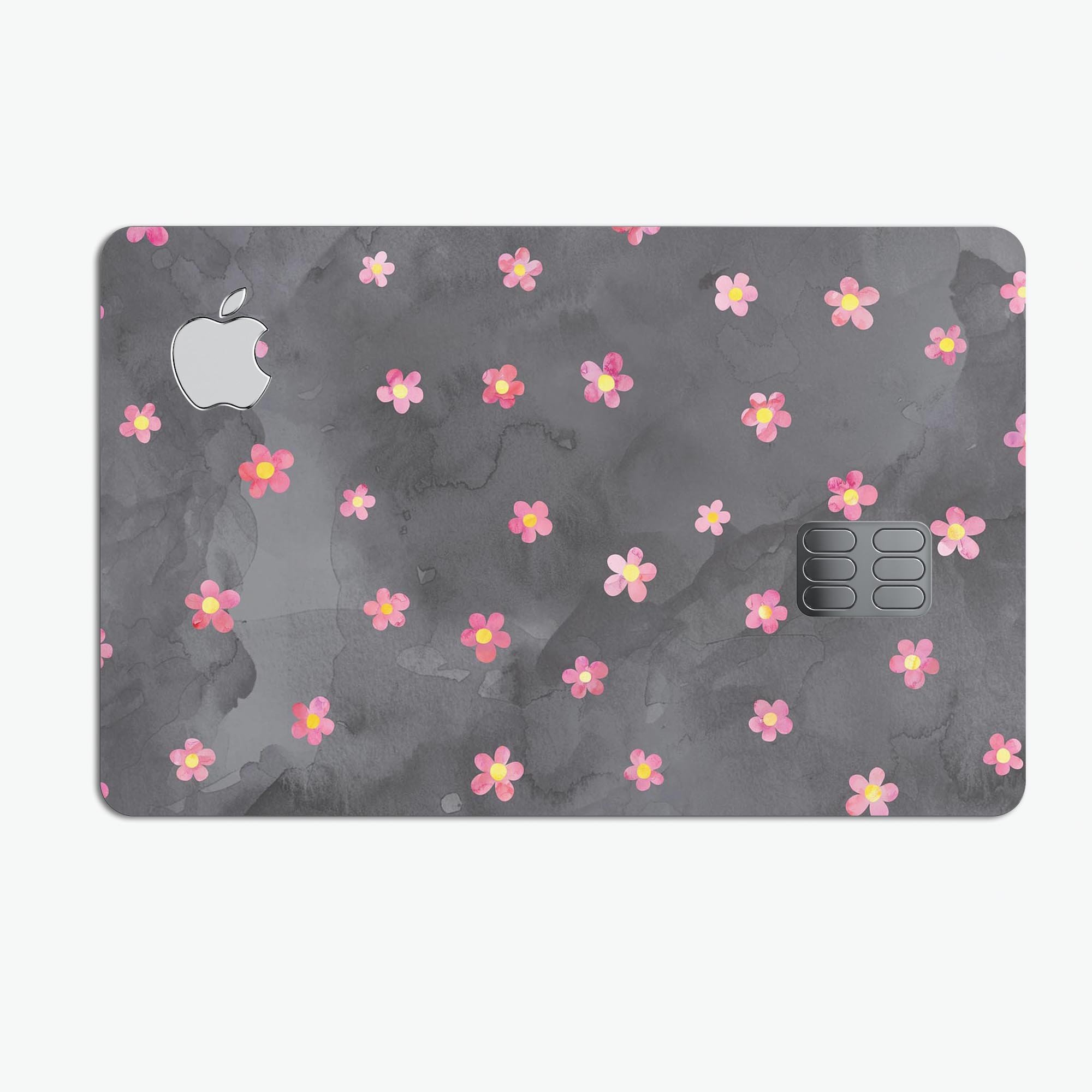 Cute Watercolor Flowers decal skin for Apple Card, featuring vibrant floral designs on a black background, showcasing premium quality and protection.