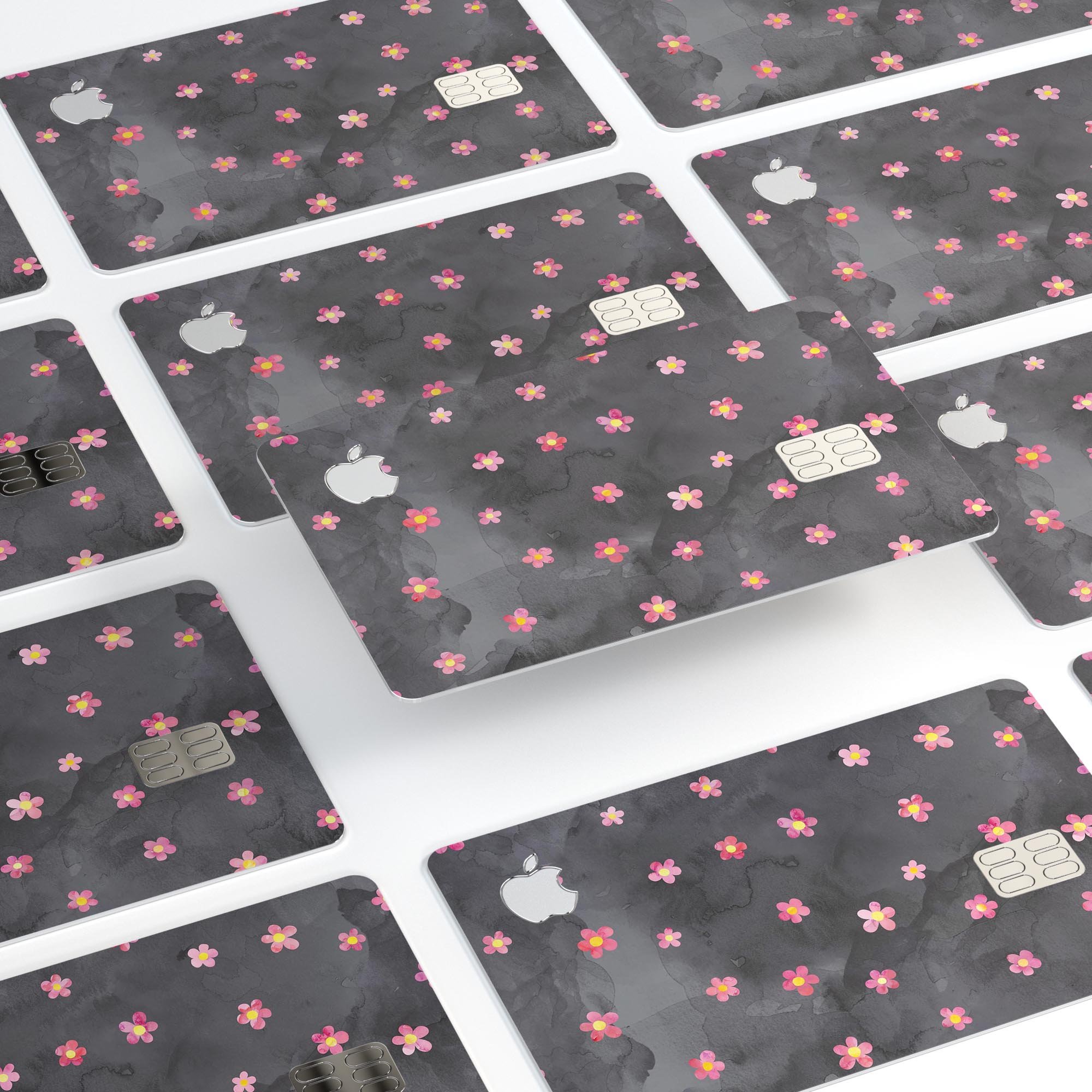 Cute Watercolor Flowers decal skin for Apple Card, featuring vibrant floral designs on a black background, showcasing premium quality and protection.