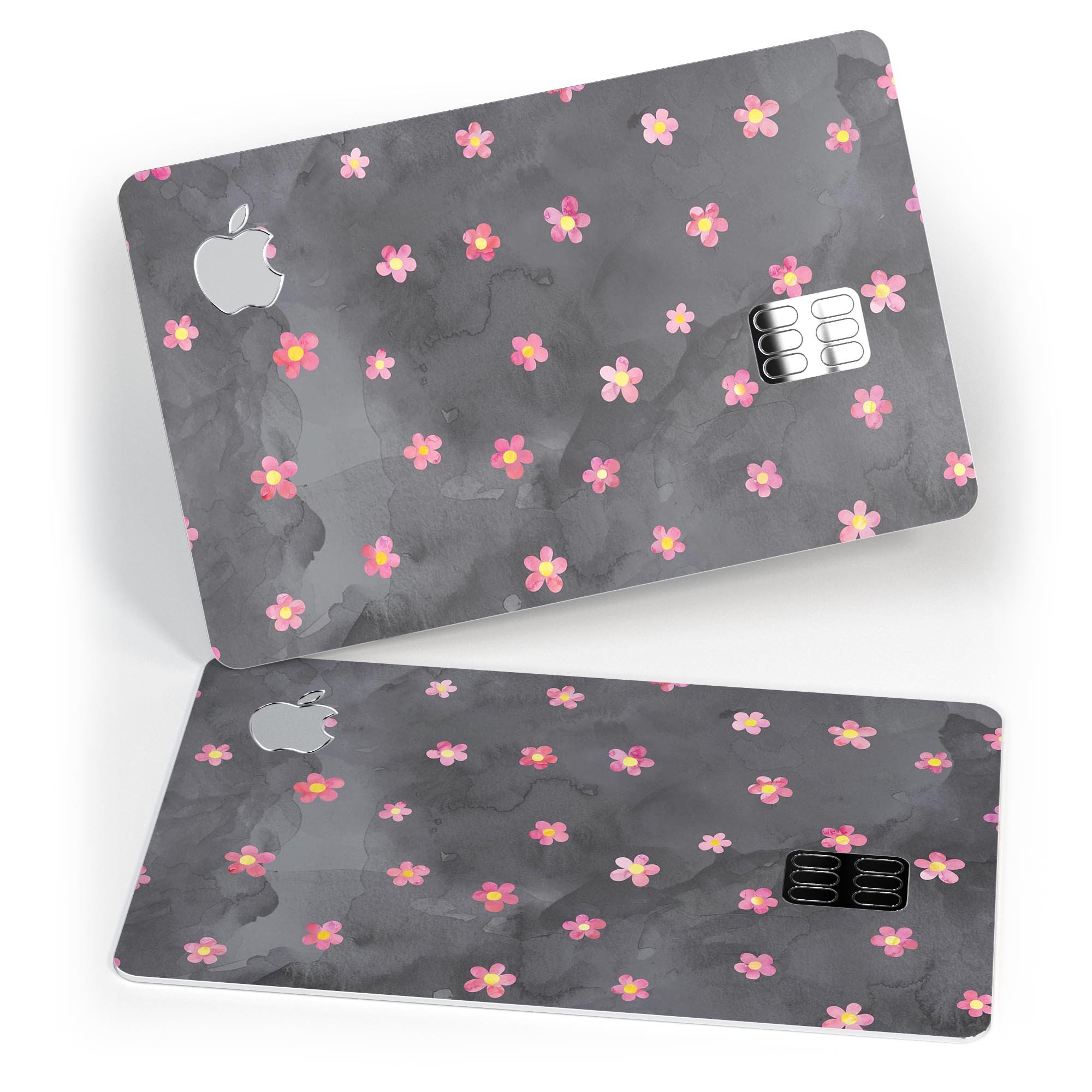 Cute Watercolor Flowers decal skin for Apple Card, featuring vibrant floral designs on a black background, showcasing premium quality and protection.