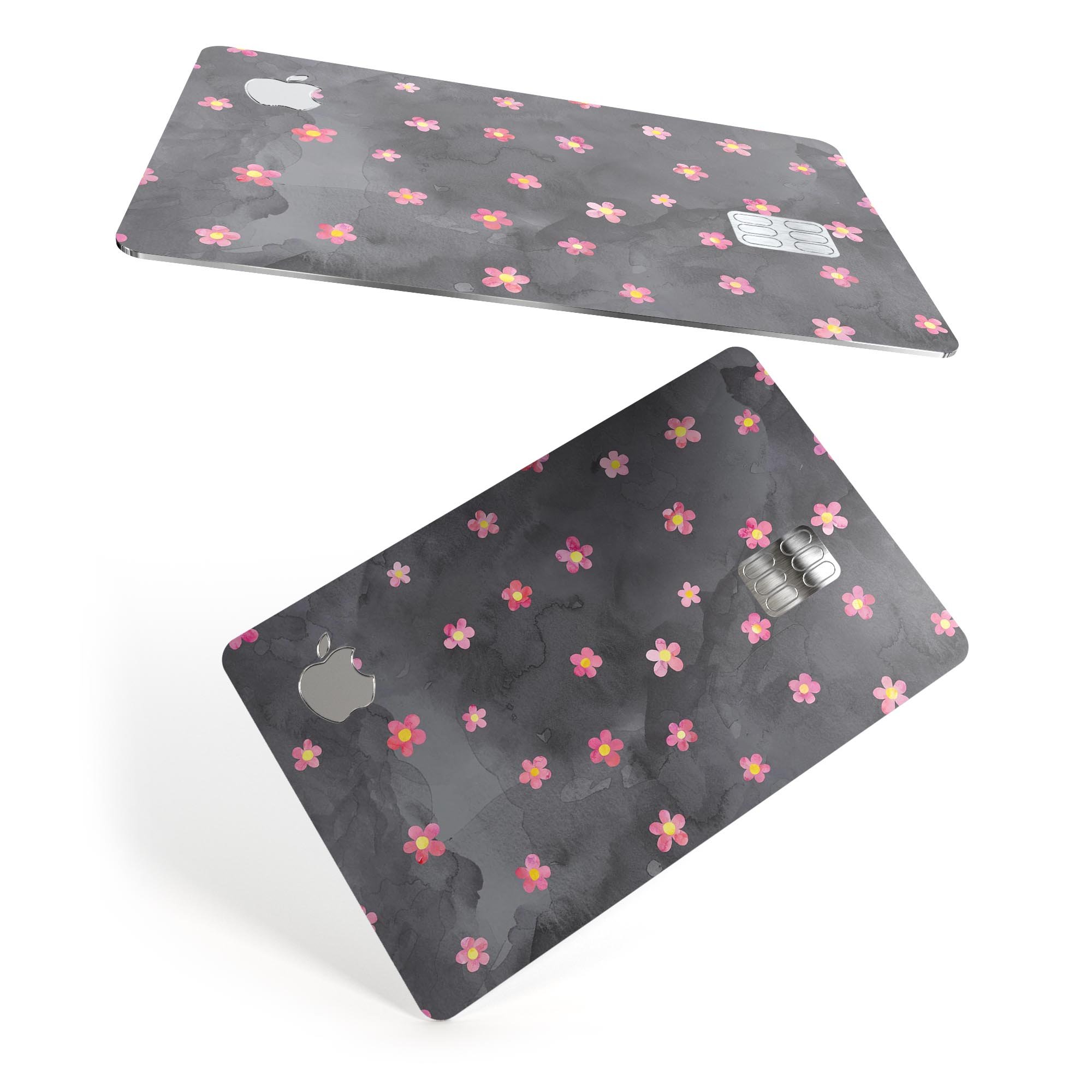 Cute Watercolor Flowers decal skin for Apple Card, featuring vibrant floral designs on a black background, showcasing premium quality and protection.