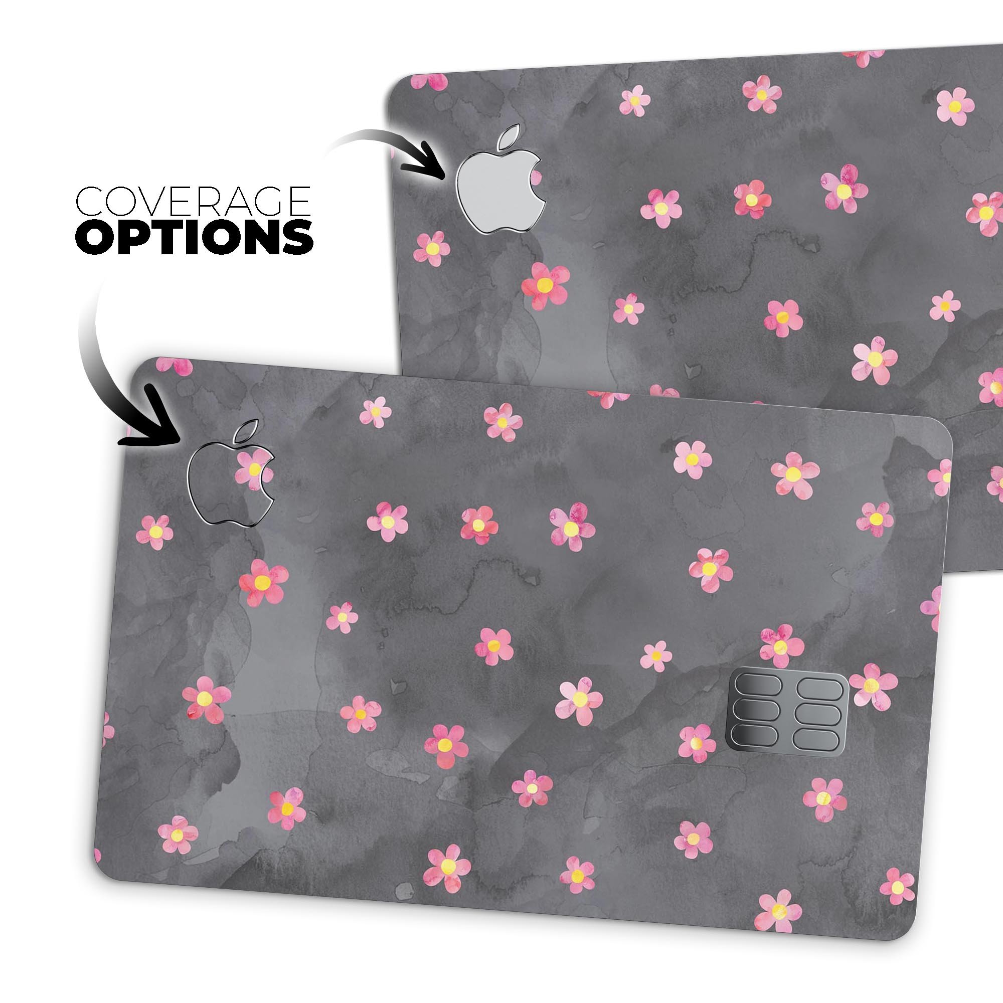 Cute Watercolor Flowers decal skin for Apple Card, featuring vibrant floral designs on a black background, showcasing premium quality and protection.