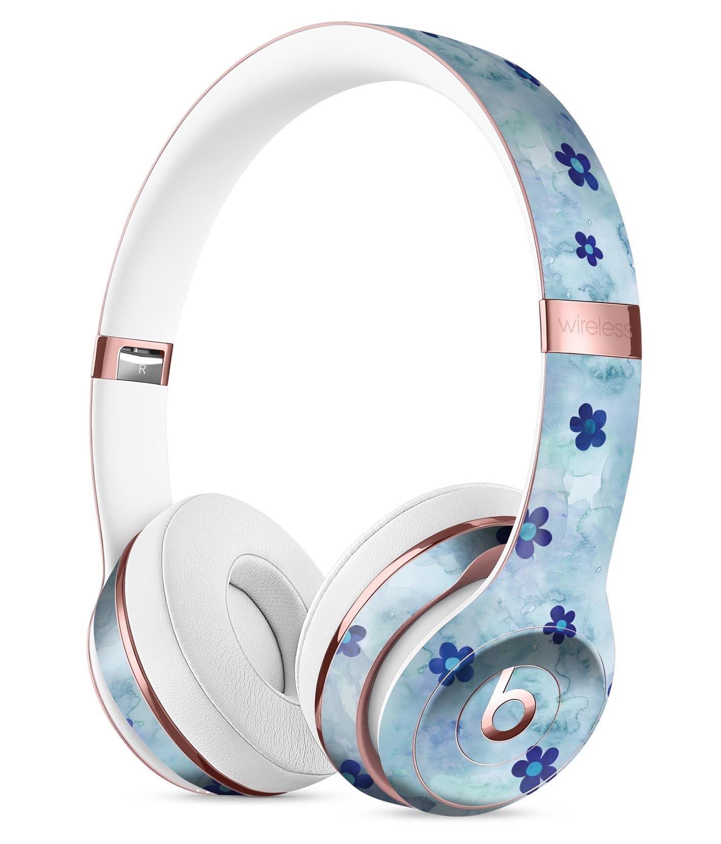 Cute Watercolor Flowers design on a blue full-body skin for Beats by Dre Solo 3 Wireless Headphones, showcasing vibrant colors and intricate floral patterns.