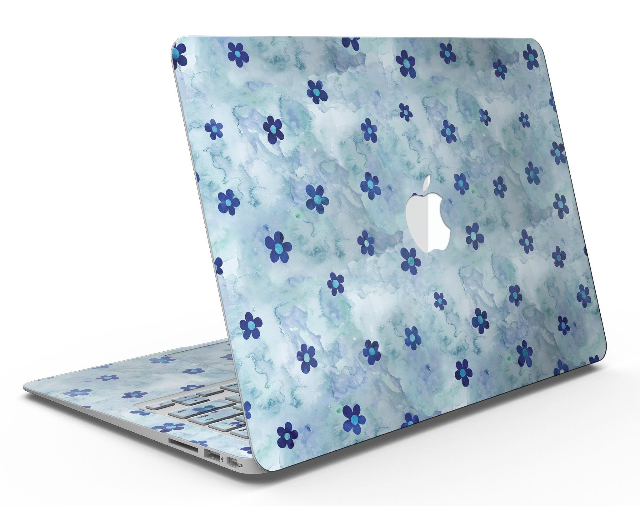 Cute Watercolor Flowers skin for MacBook Air, featuring vibrant floral designs on a blue background, providing style and protection.