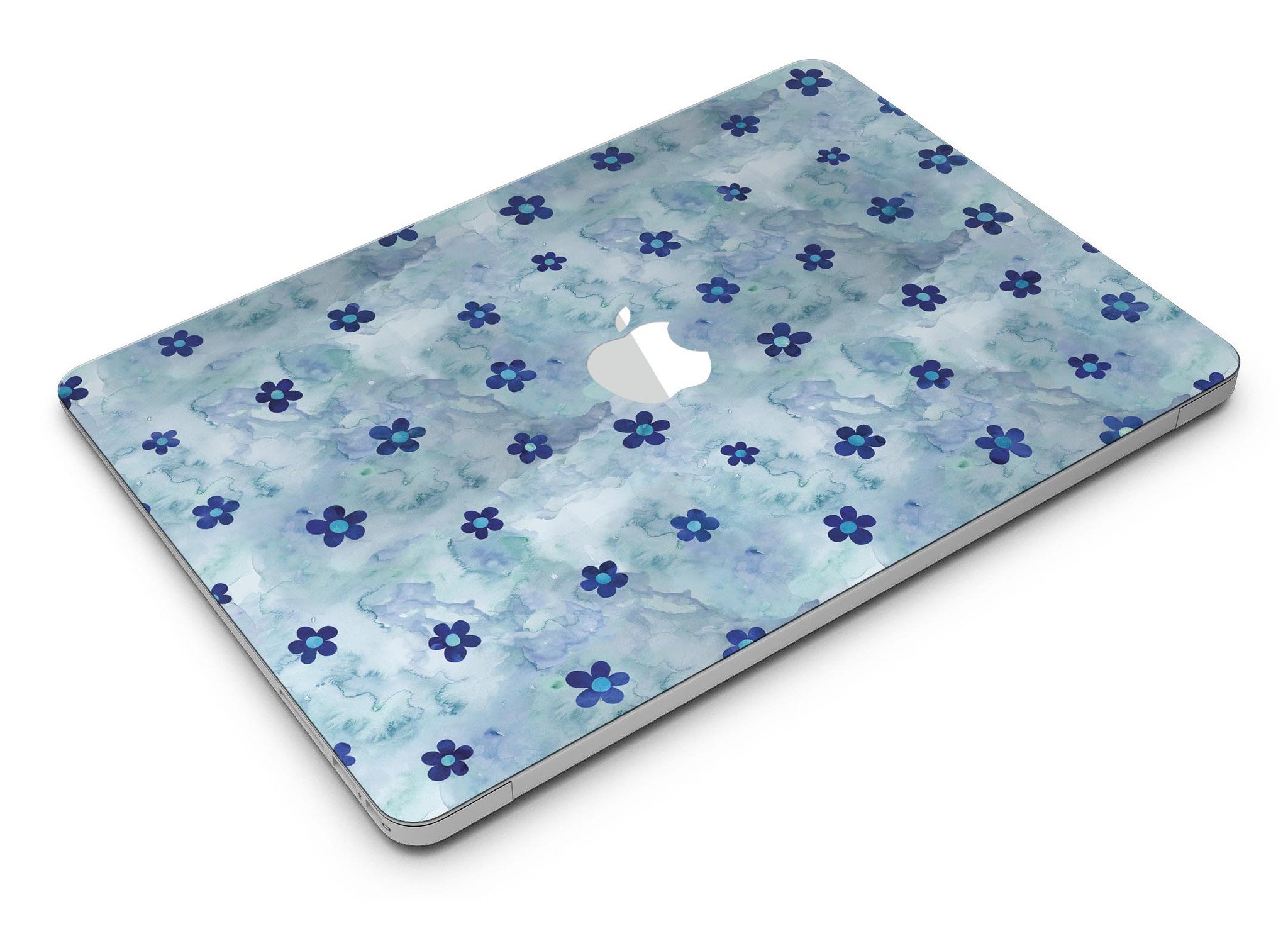 Cute Watercolor Flowers skin for MacBook Air, featuring vibrant floral designs on a blue background, providing style and protection.