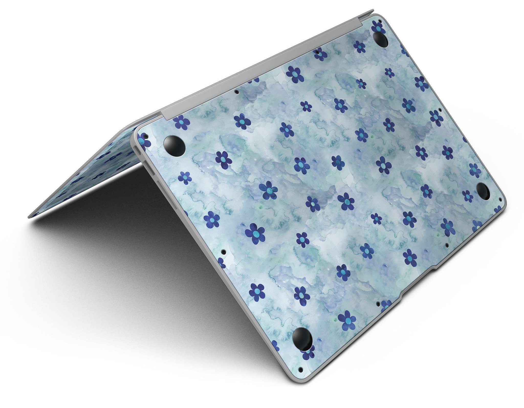 Cute Watercolor Flowers skin for MacBook Air, featuring vibrant floral designs on a blue background, providing style and protection.