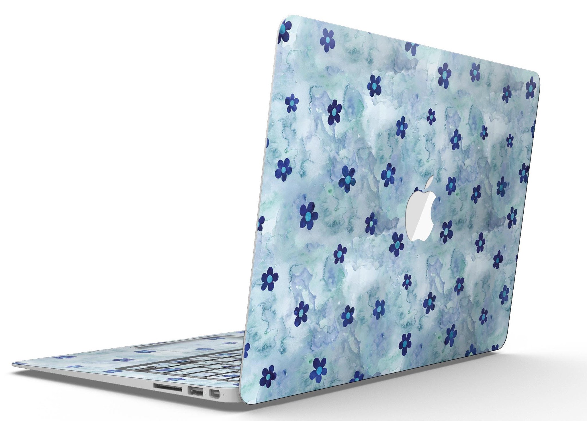 Cute Watercolor Flowers skin for MacBook Air, featuring vibrant floral designs on a blue background, providing style and protection.