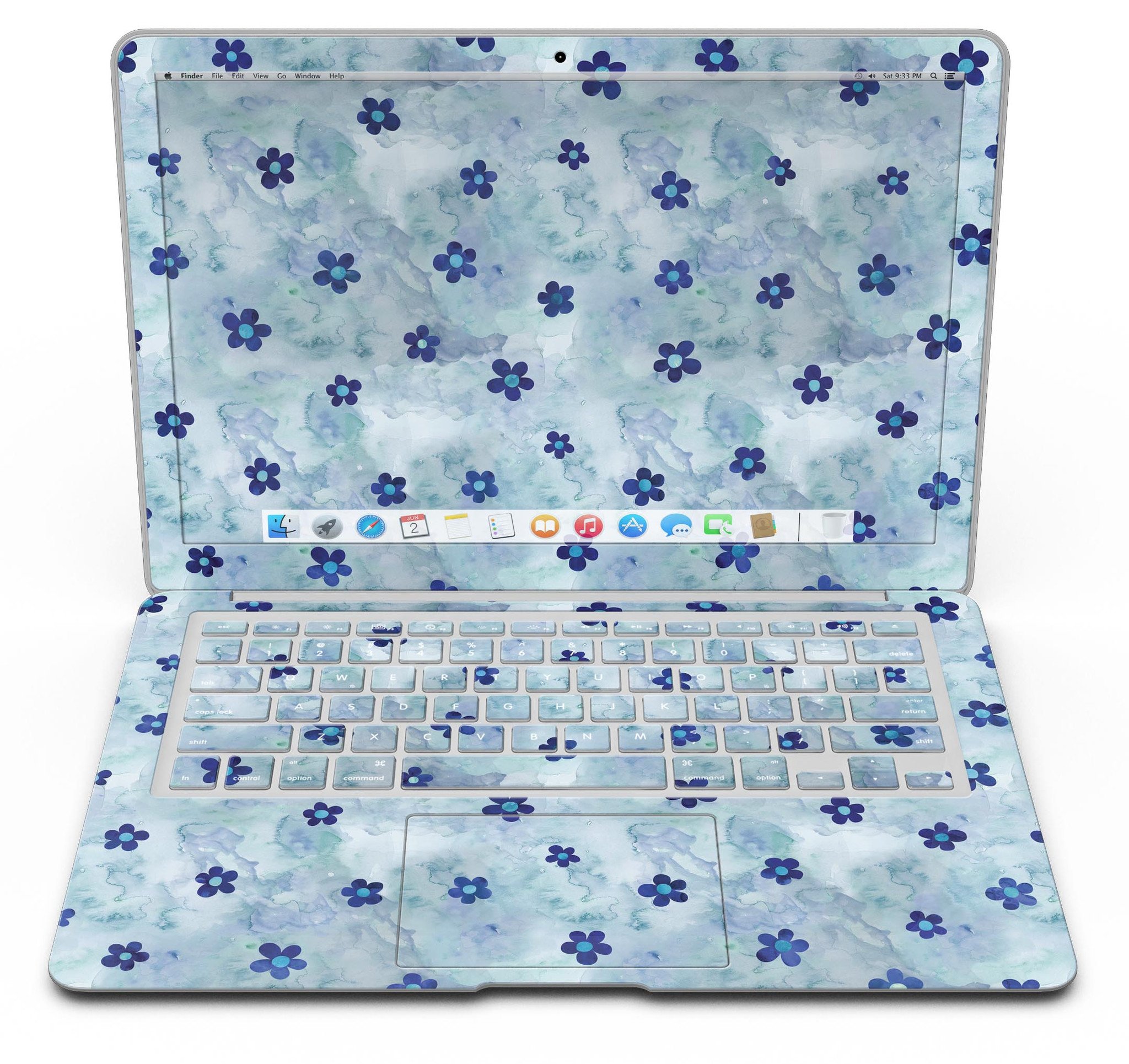 Cute Watercolor Flowers skin for MacBook Air, featuring vibrant floral designs on a blue background, providing style and protection.