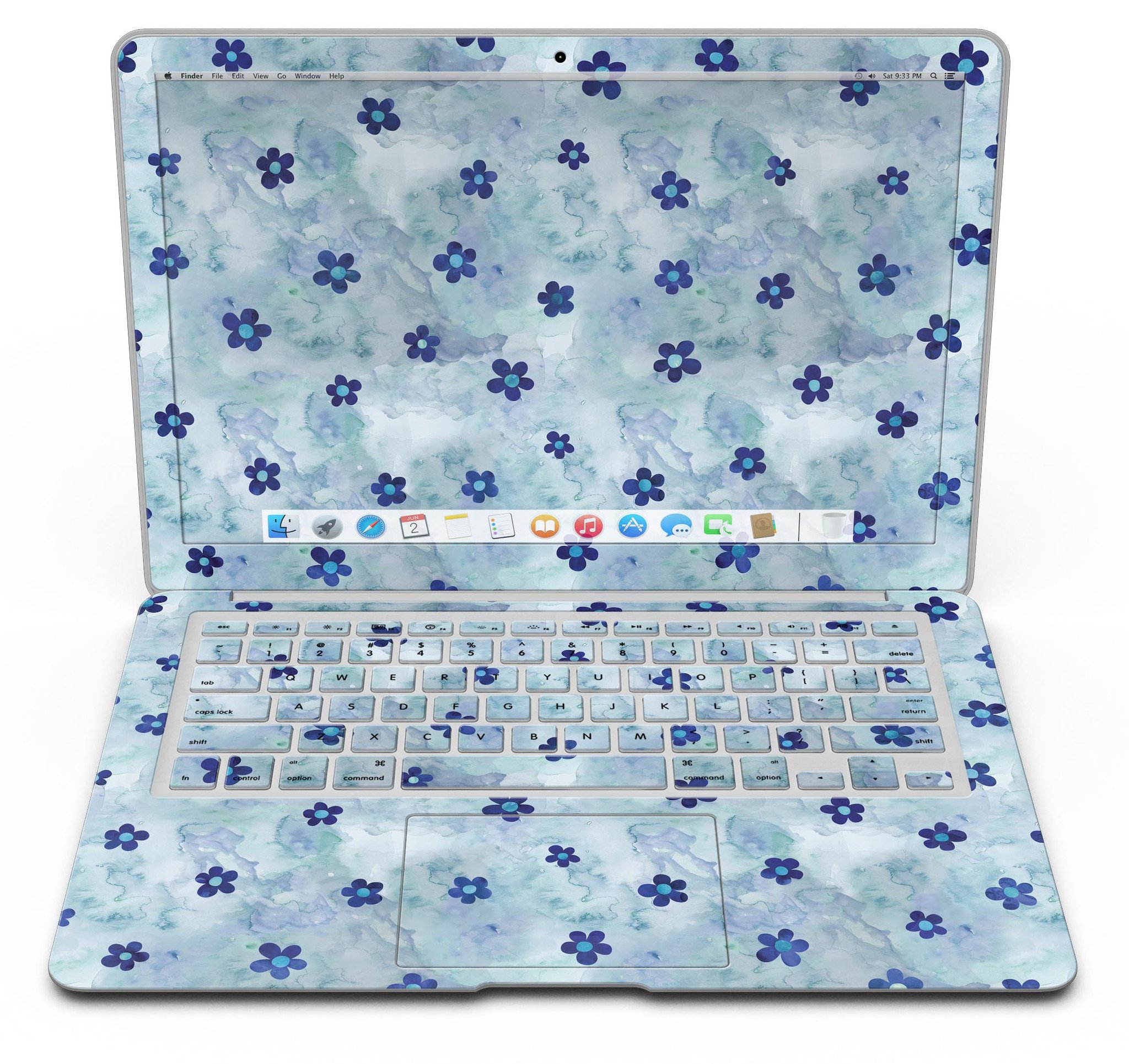 Cute Watercolor Flowers skin for MacBook Air, featuring vibrant floral designs on a blue background, providing style and protection.