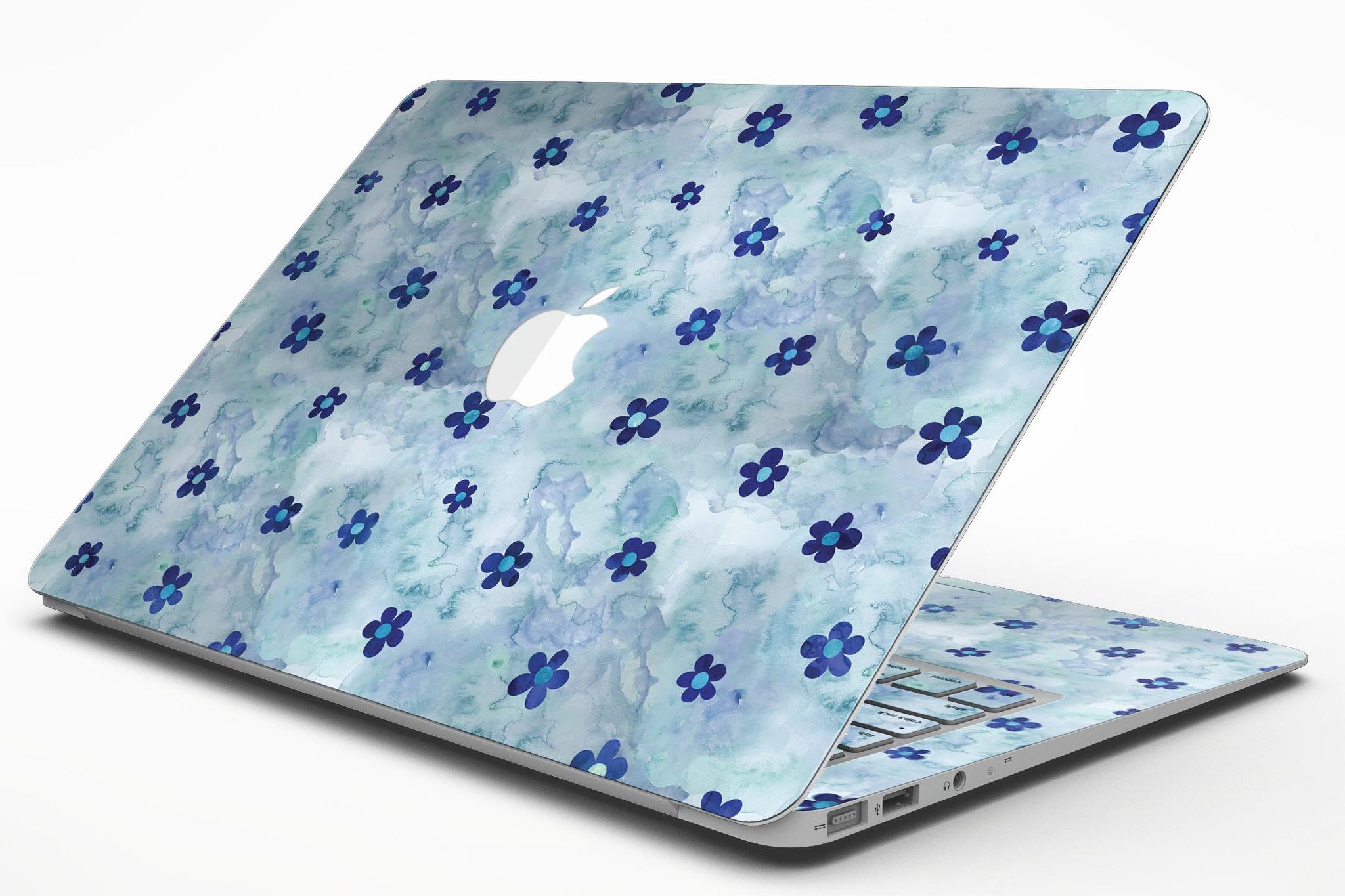 Cute Watercolor Flowers skin for MacBook Air, featuring vibrant floral designs on a blue background, providing style and protection.