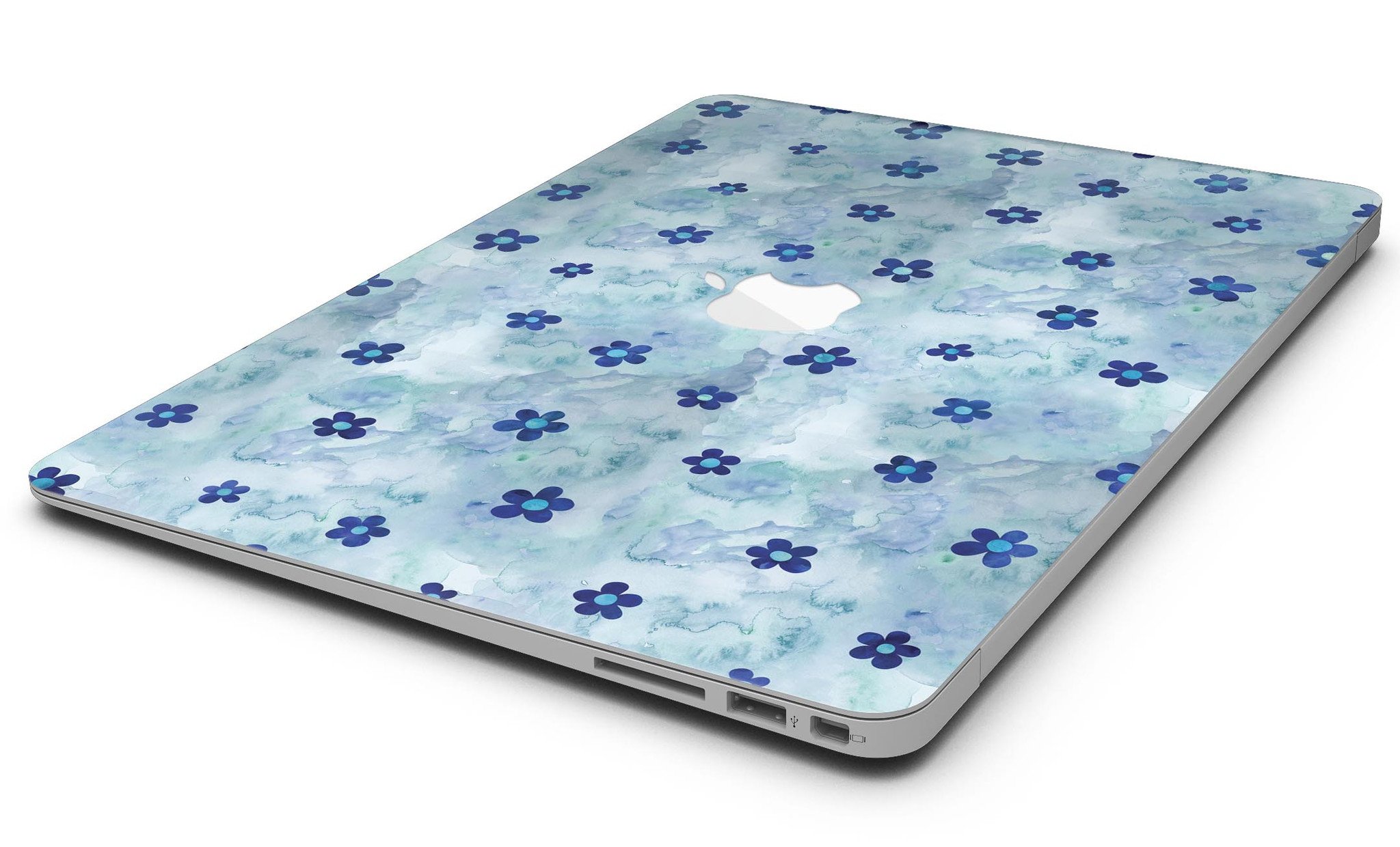 Cute Watercolor Flowers skin for MacBook Air, featuring vibrant floral designs on a blue background, providing style and protection.