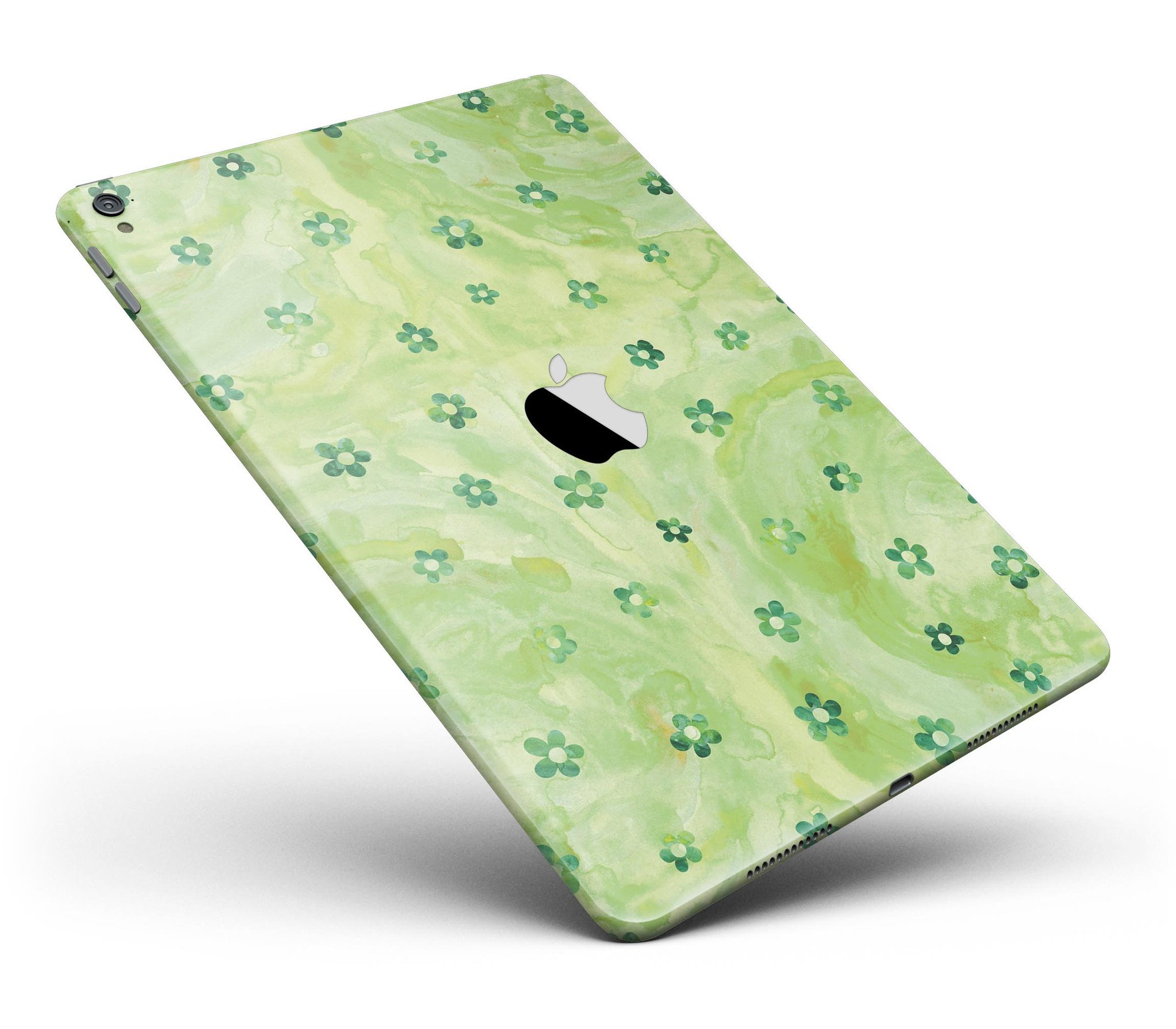 Cute watercolor flowers design on a green full body skin for iPad Pro, showcasing vibrant colors and a stylish look.