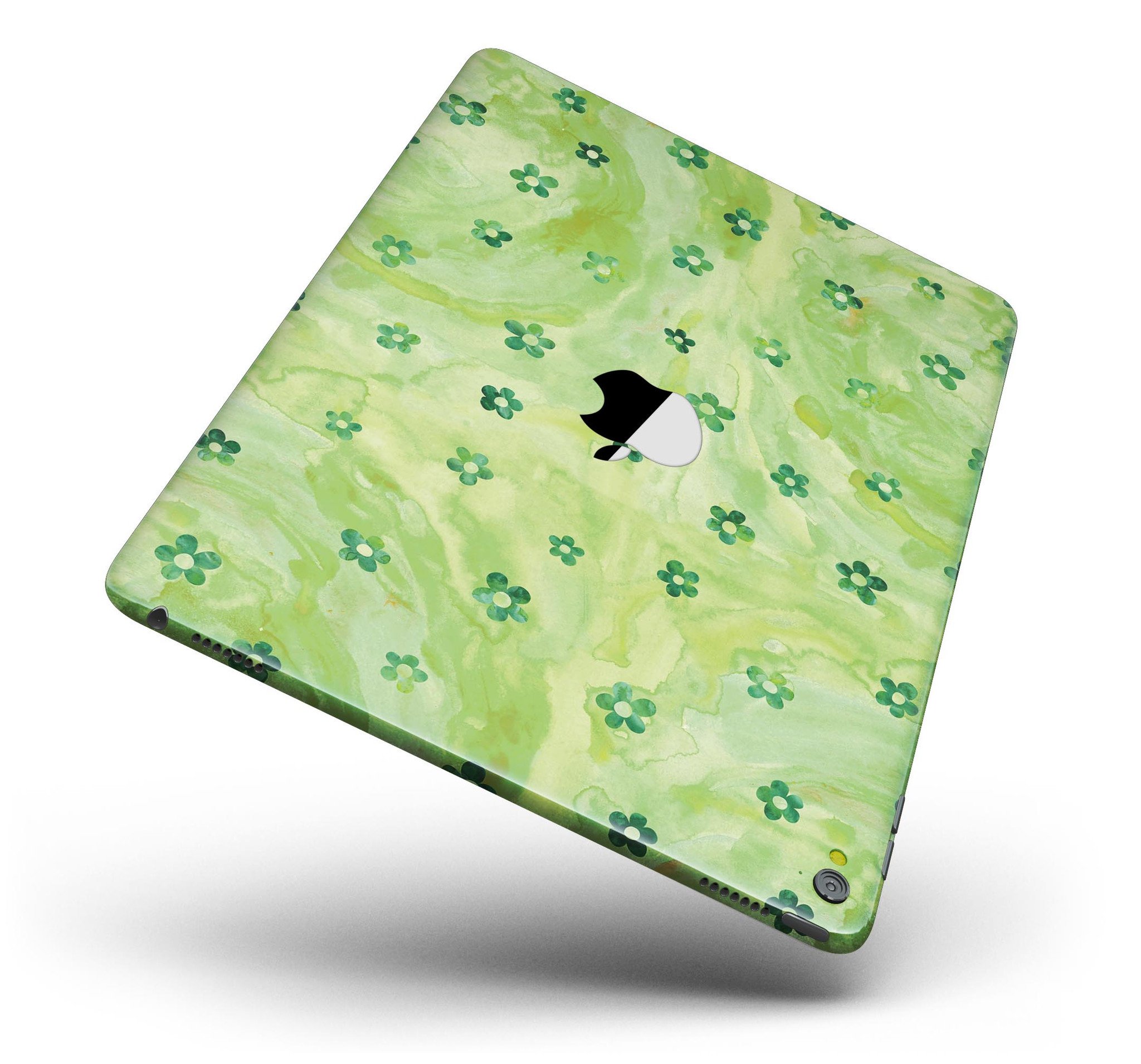 Cute watercolor flowers design on a green full body skin for iPad Pro, showcasing vibrant colors and a stylish look.