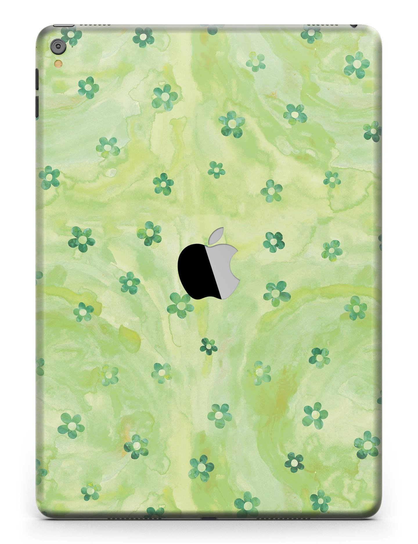 Cute watercolor flowers design on a green full body skin for iPad Pro, showcasing vibrant colors and a stylish look.