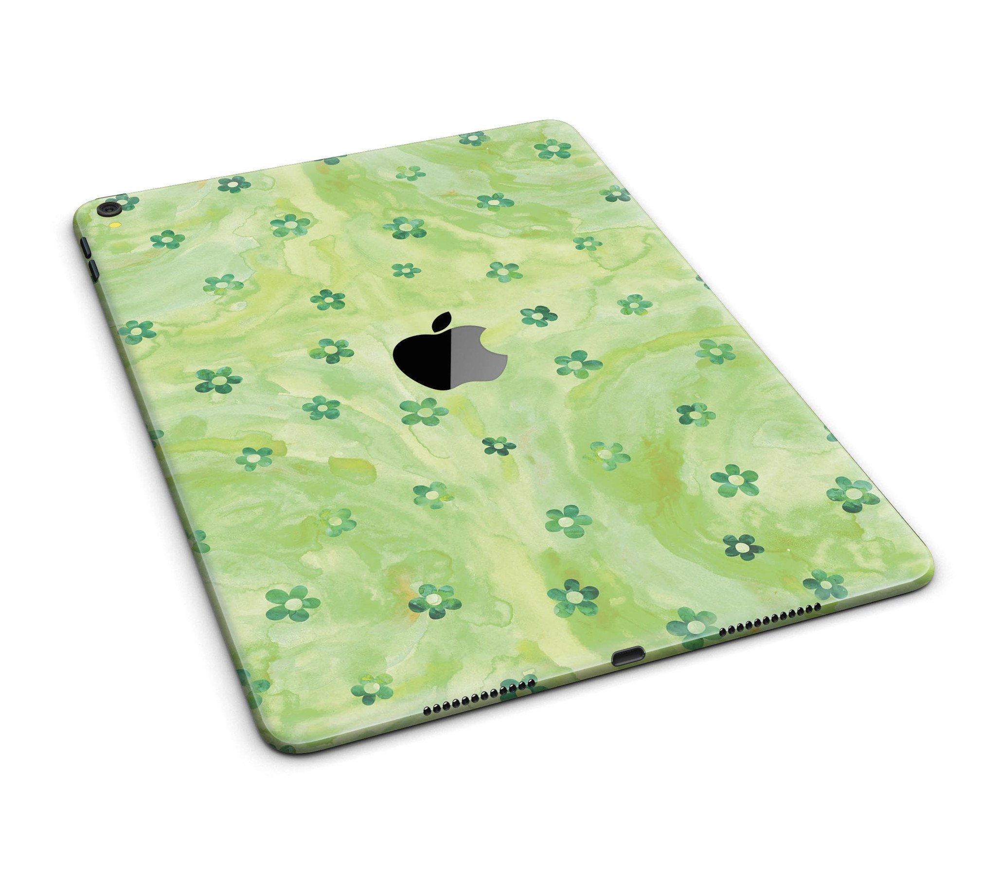 Cute watercolor flowers design on a green full body skin for iPad Pro, showcasing vibrant colors and a stylish look.