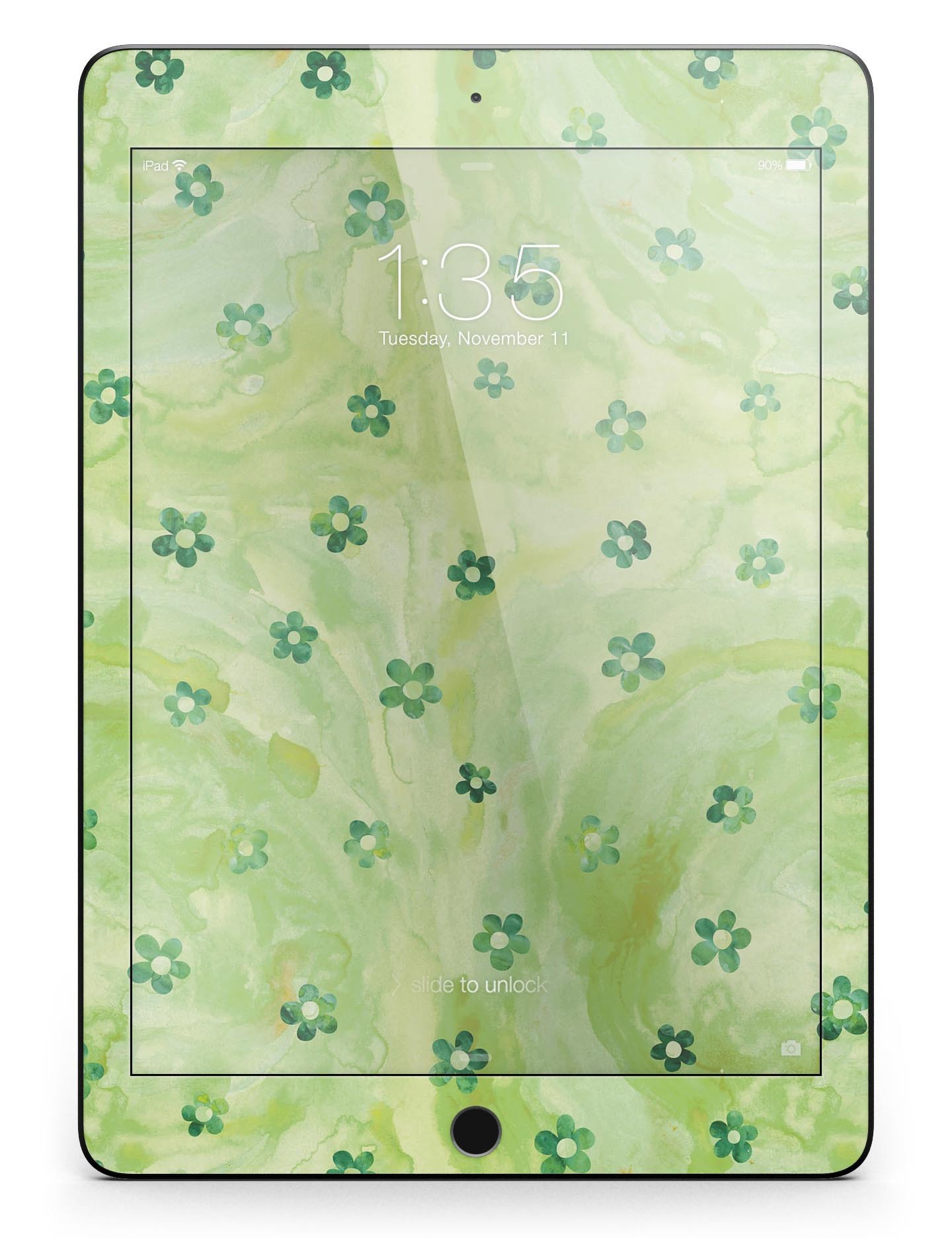 Cute watercolor flowers design on a green full body skin for iPad Pro, showcasing vibrant colors and a stylish look.