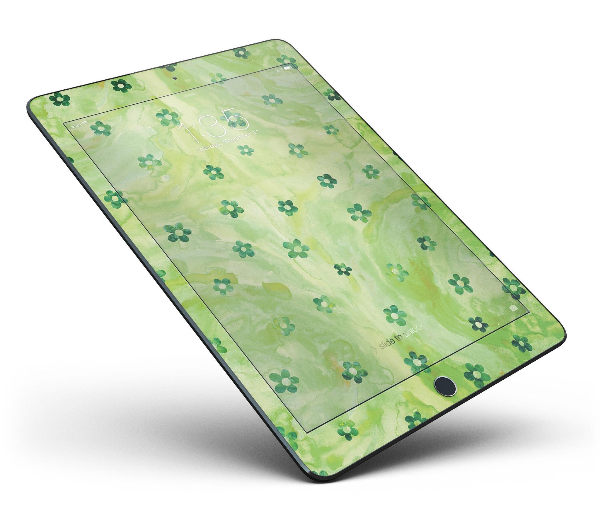 Cute watercolor flowers design on a green full body skin for iPad Pro, showcasing vibrant colors and a stylish look.