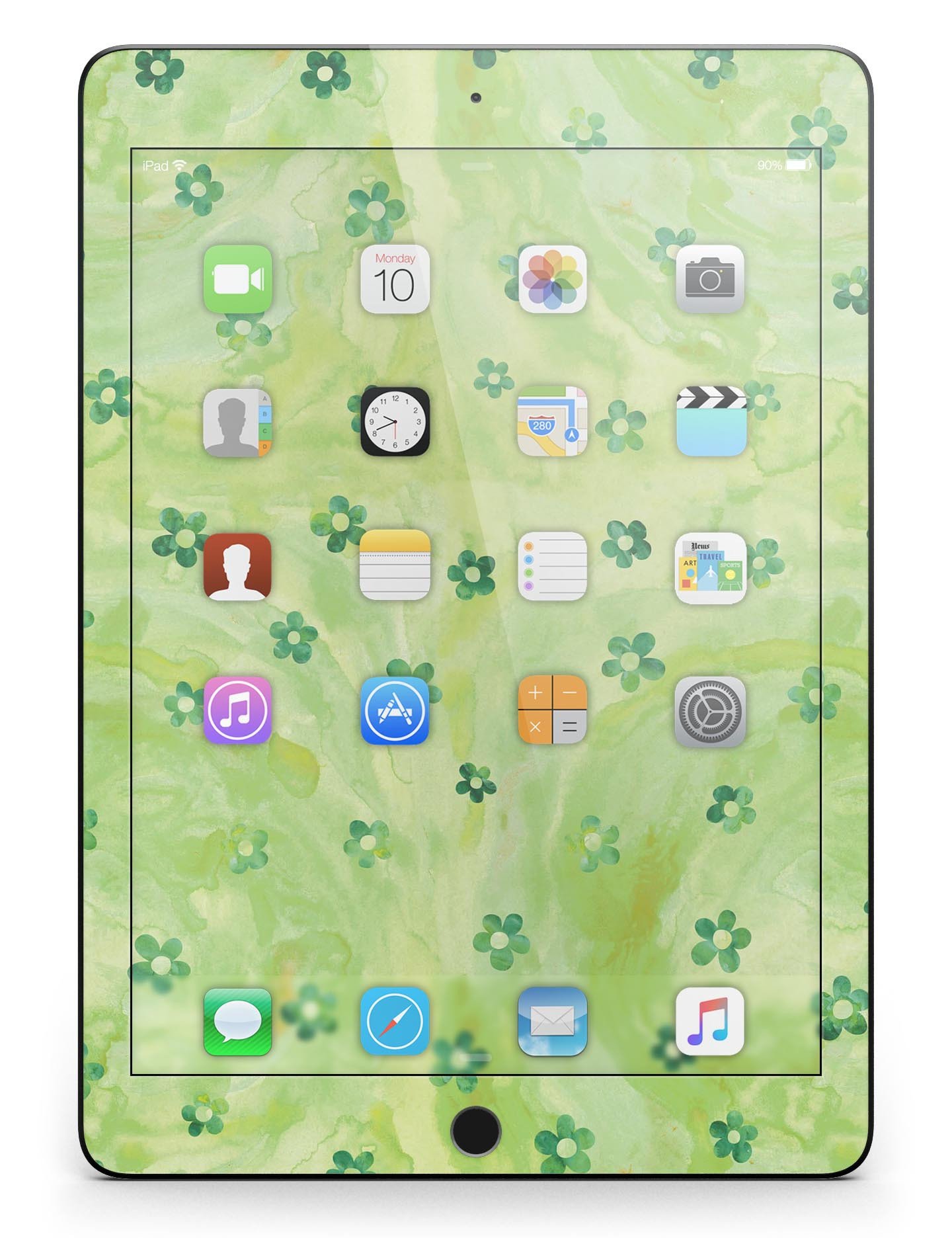 Cute watercolor flowers design on a green full body skin for iPad Pro, showcasing vibrant colors and a stylish look.