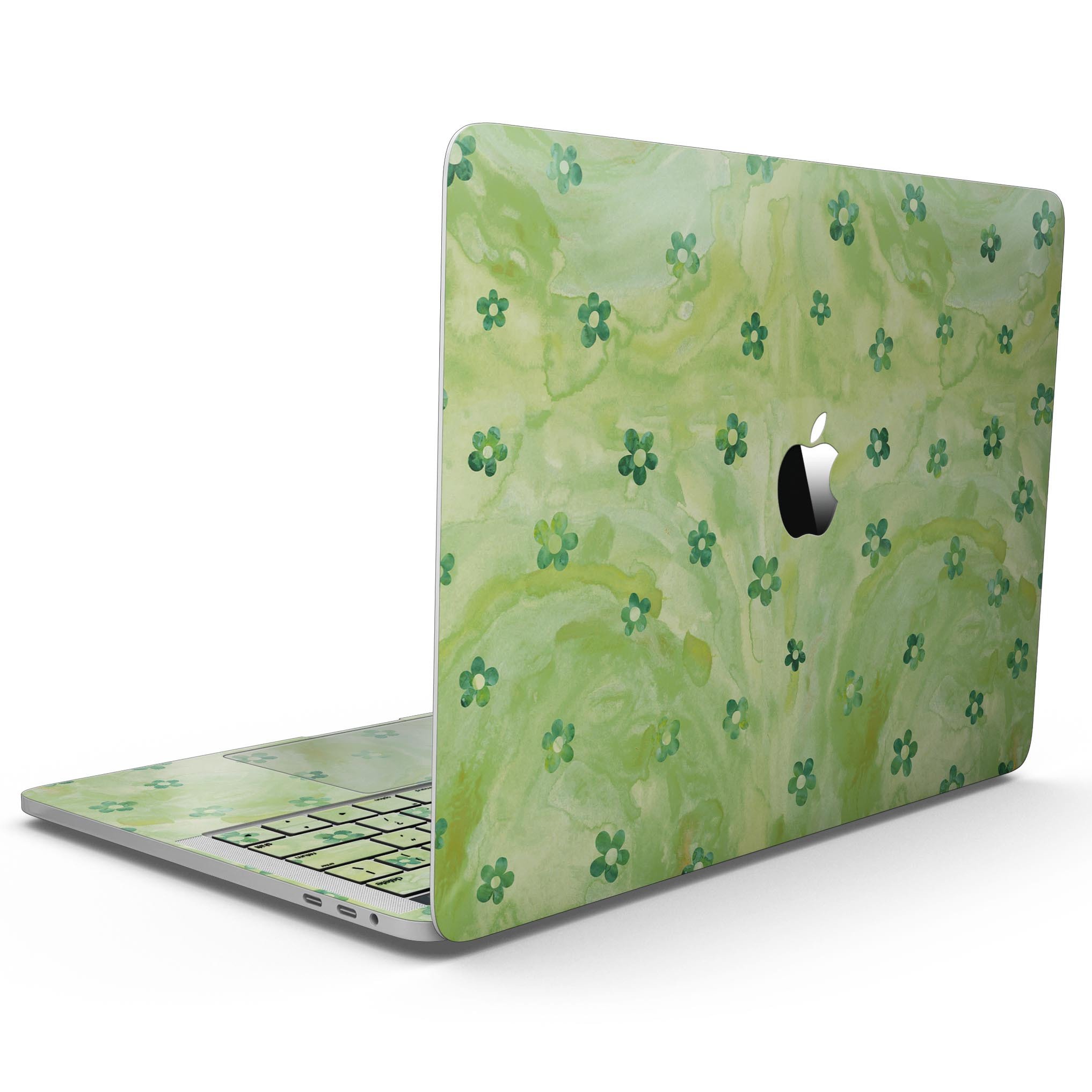 Cute Watercolor Flowers skin for MacBook Pro with Touch Bar, showcasing vibrant floral design on a green background.