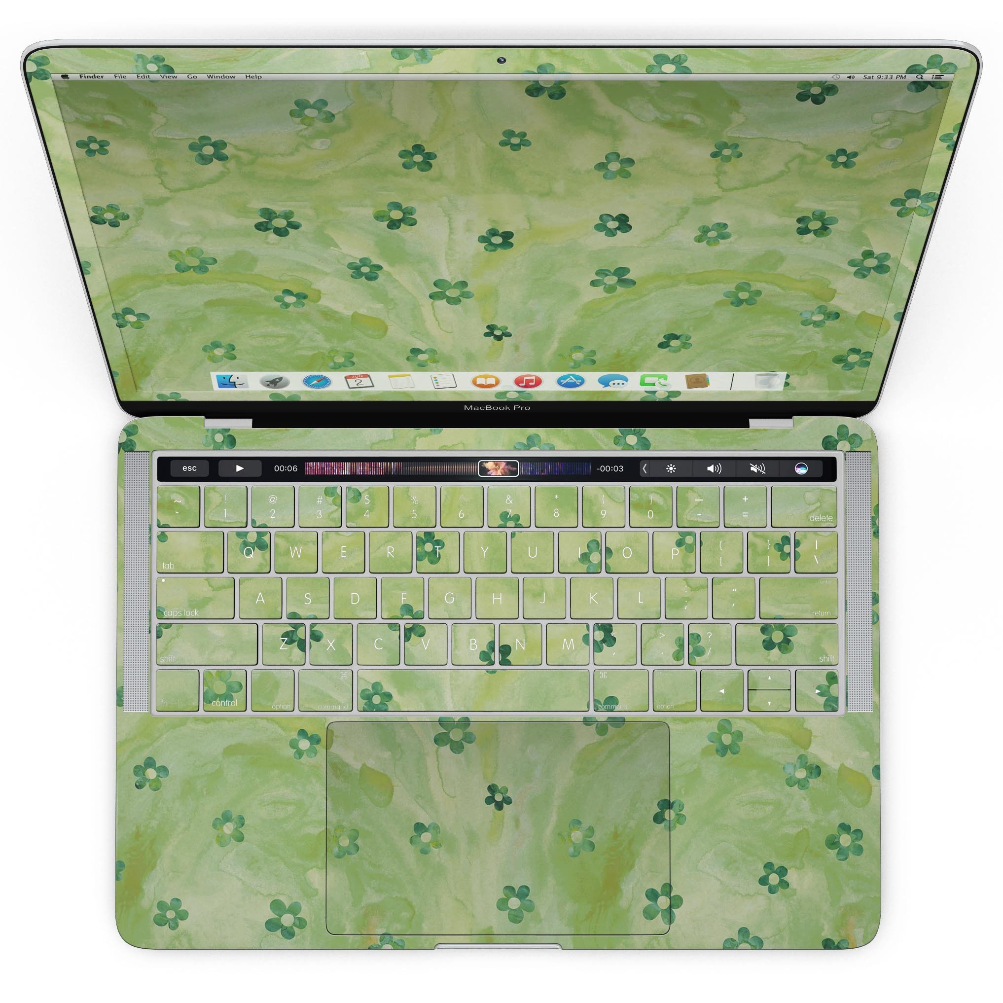 Cute Watercolor Flowers skin for MacBook Pro with Touch Bar, showcasing vibrant floral design on a green background.