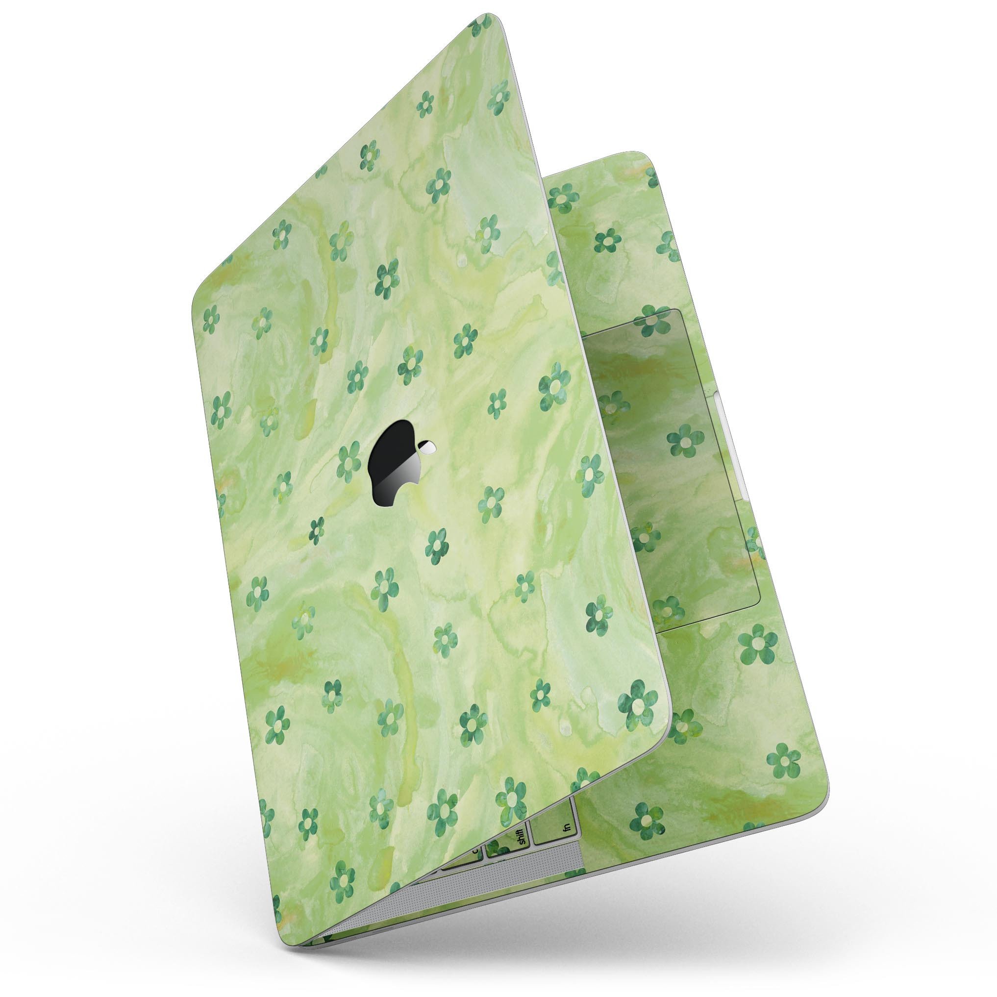 Cute Watercolor Flowers skin for MacBook Pro with Touch Bar, showcasing vibrant floral design on a green background.