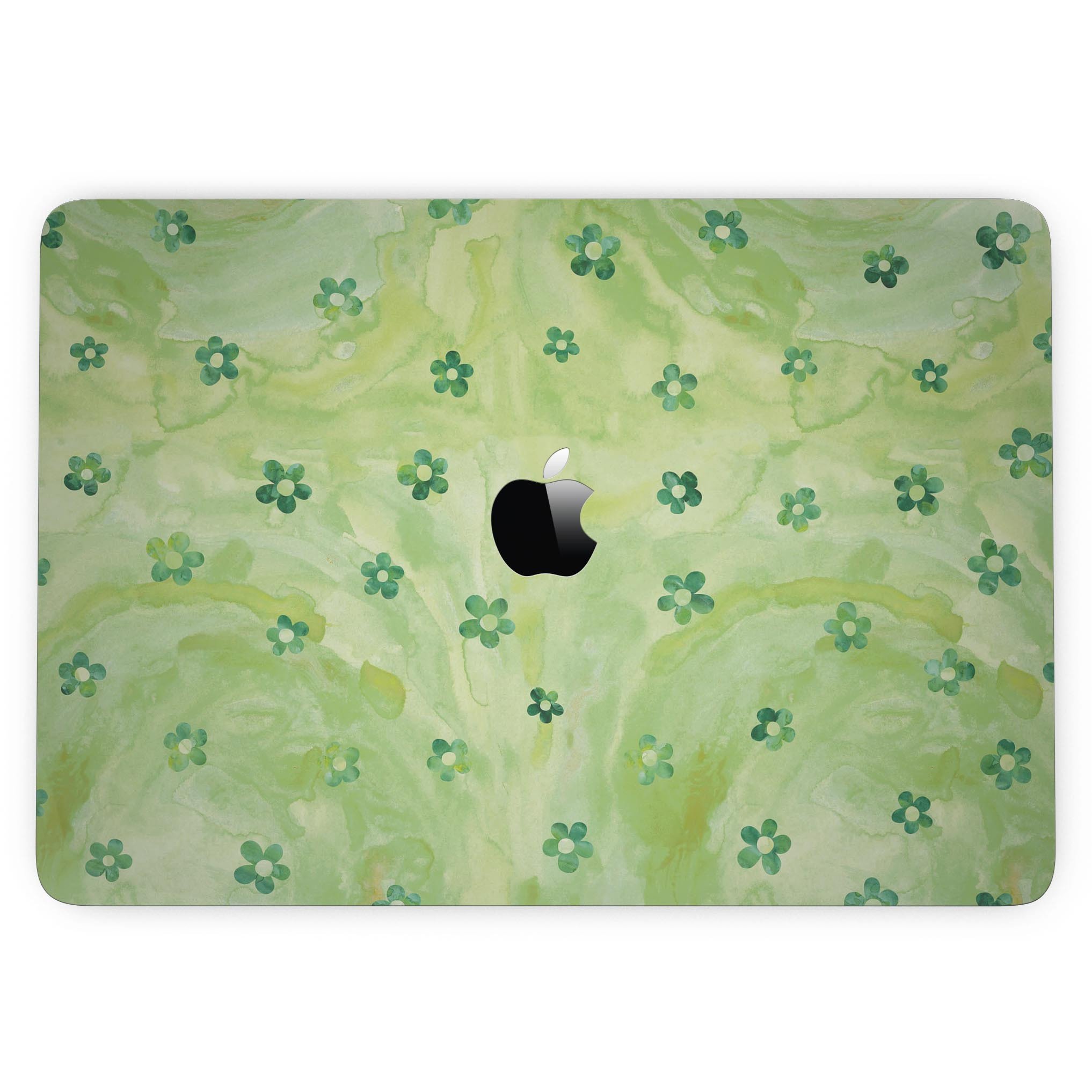 Cute Watercolor Flowers skin for MacBook Pro with Touch Bar, showcasing vibrant floral design on a green background.