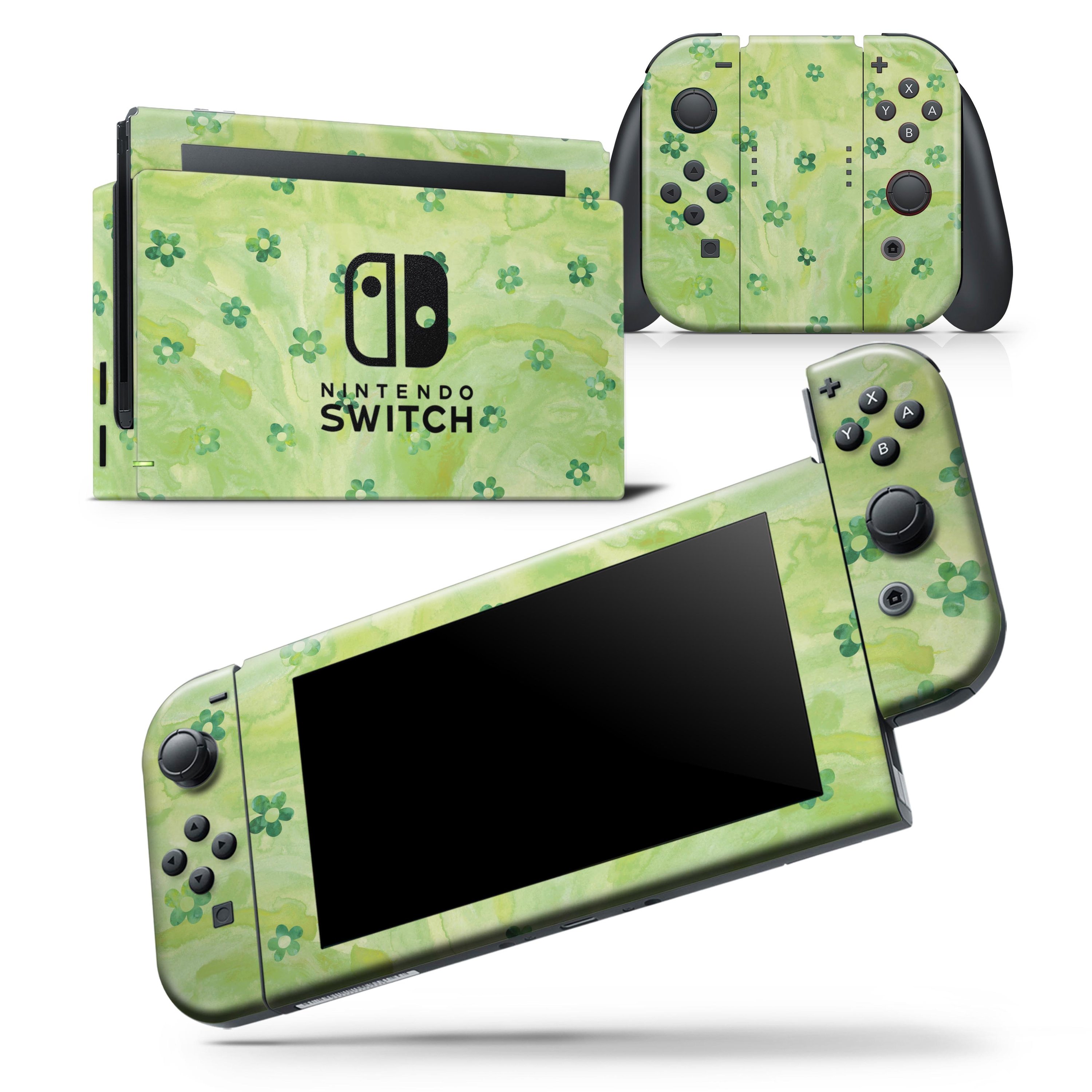 Cute Watercolor Flowers skin wrap decal for Nintendo Switch, featuring a vibrant floral design over a green background.