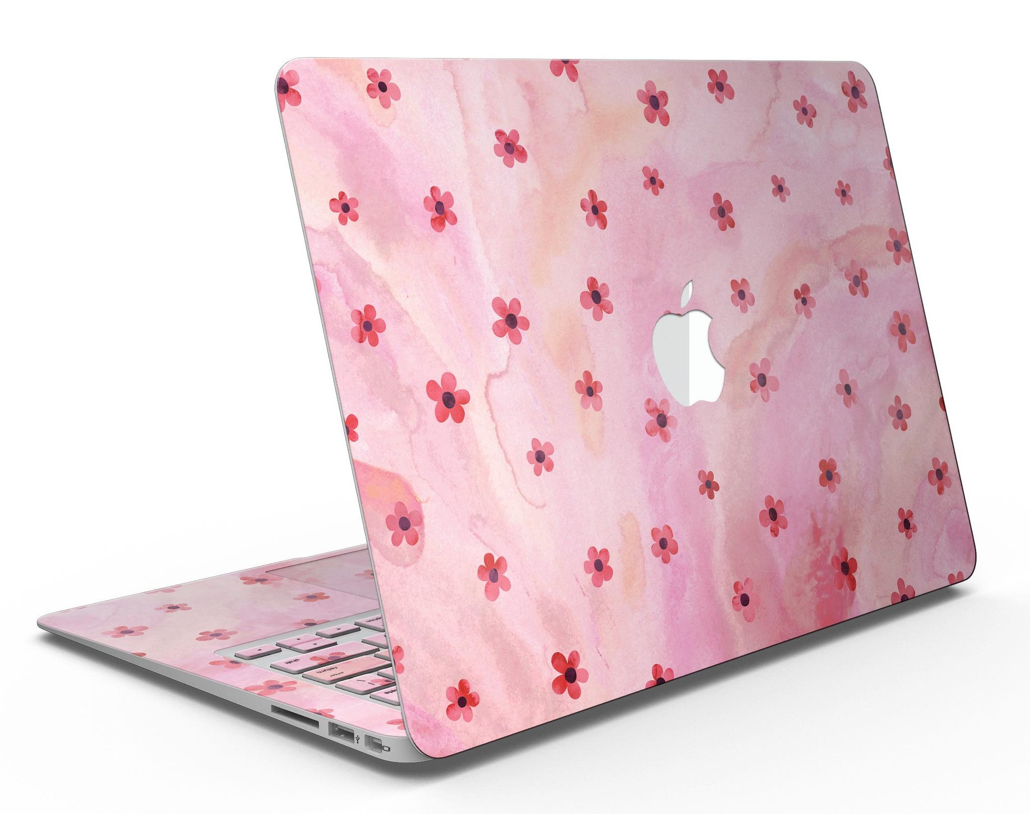 Cute Watercolor Flowers skin kit for MacBook Air, featuring vibrant floral designs on a pink background, showcasing style and protection.