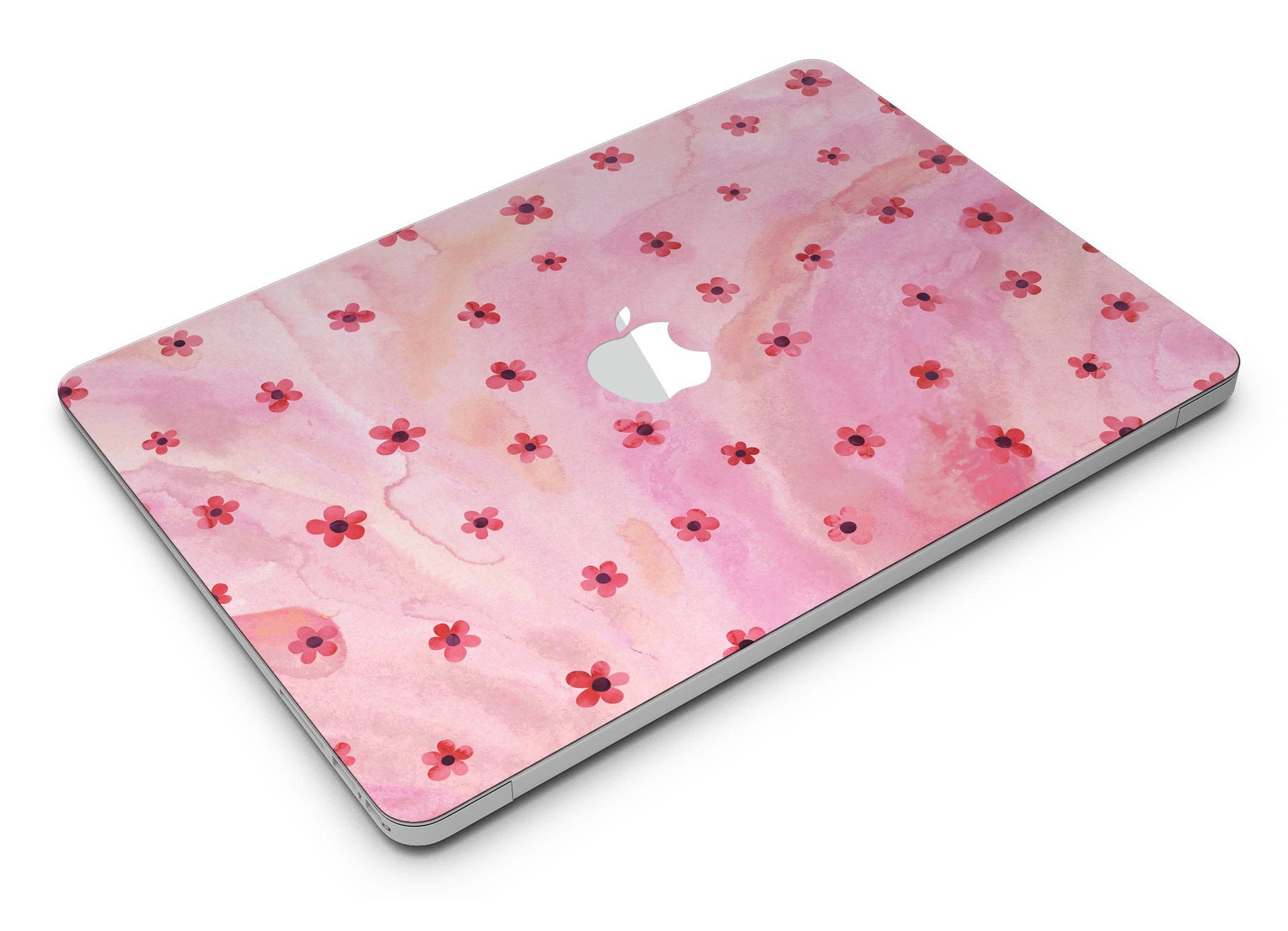 Cute Watercolor Flowers skin kit for MacBook Air, featuring vibrant floral designs on a pink background, showcasing style and protection.