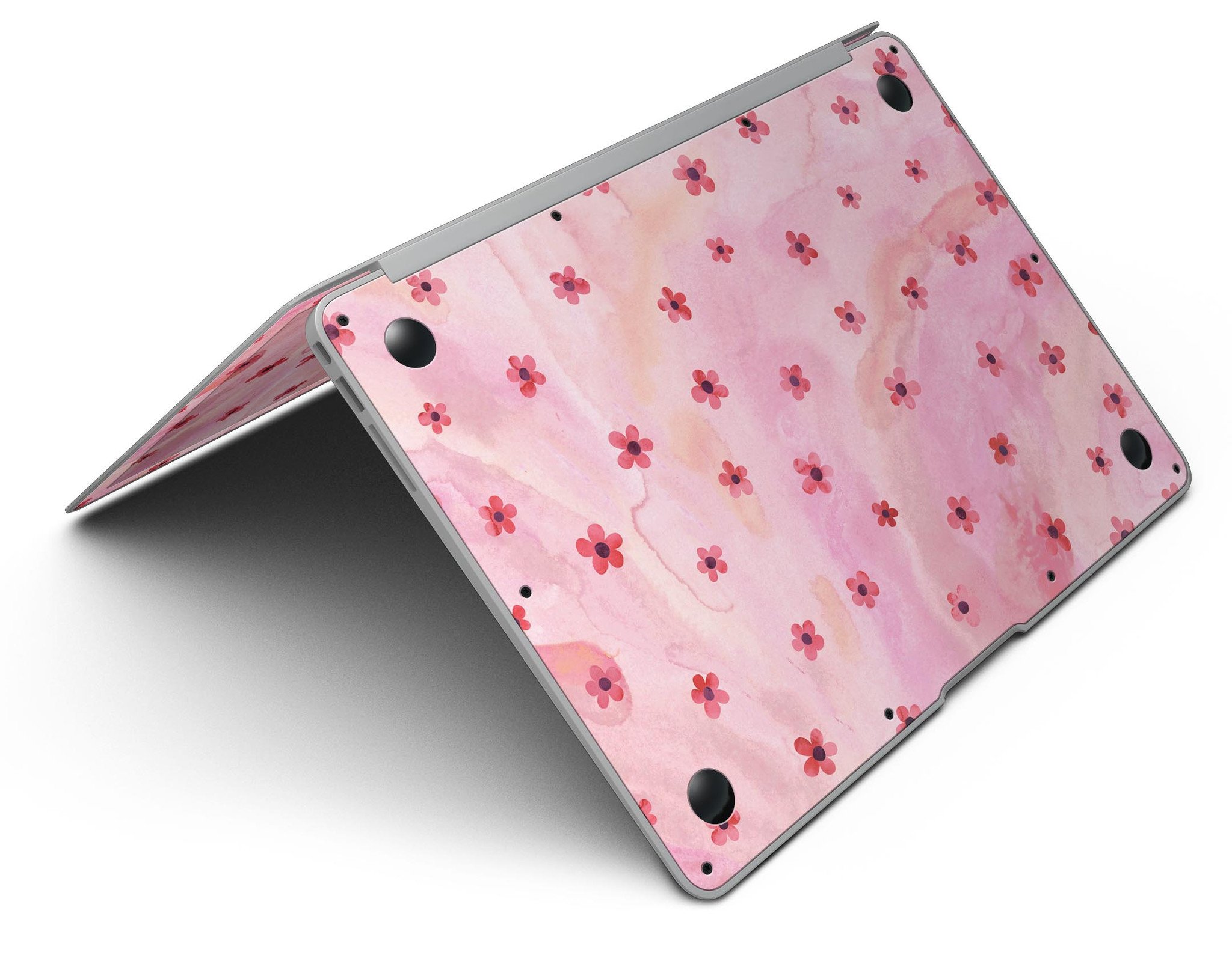 Cute Watercolor Flowers skin kit for MacBook Air, featuring vibrant floral designs on a pink background, showcasing style and protection.