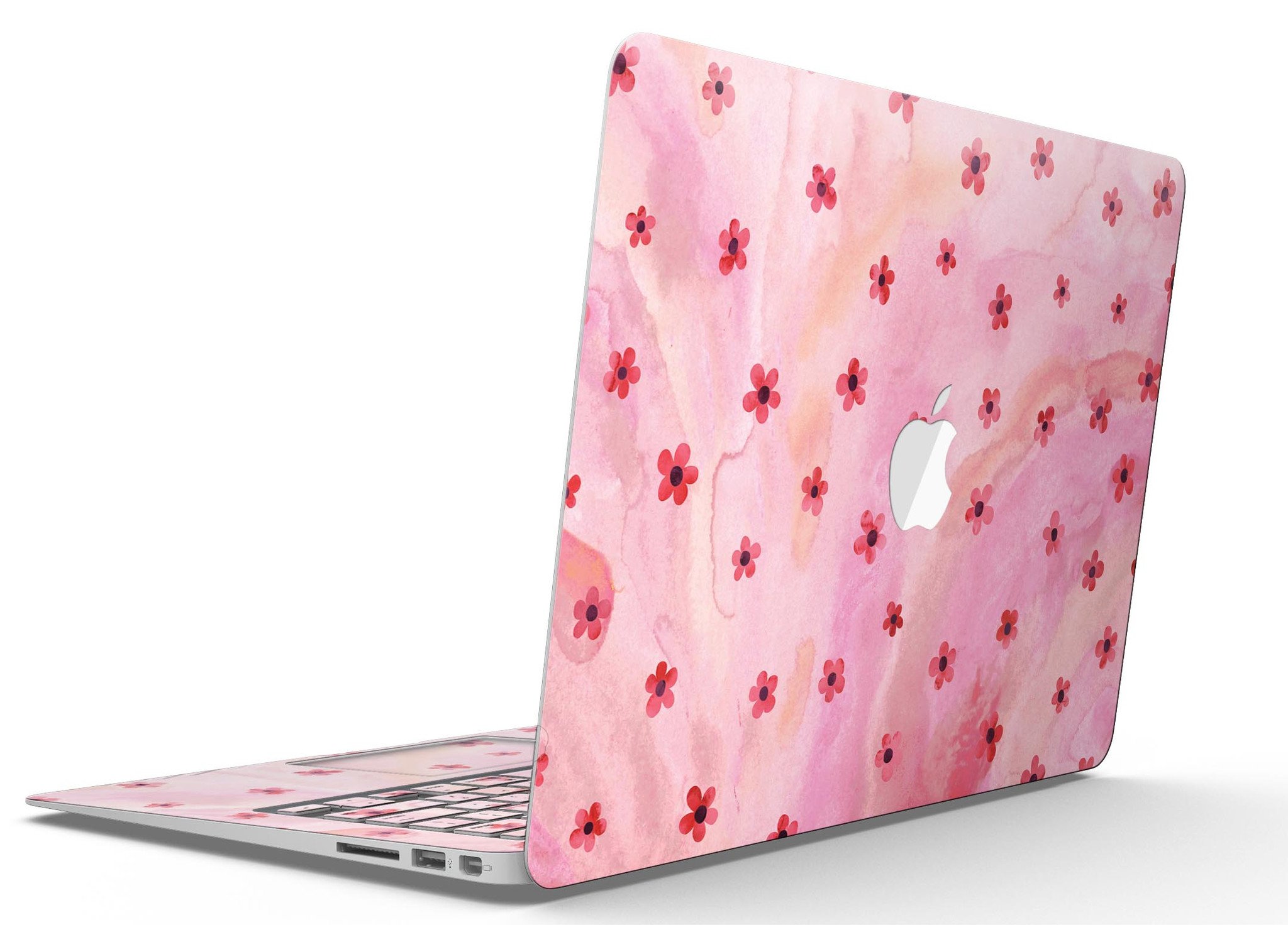 Cute Watercolor Flowers skin kit for MacBook Air, featuring vibrant floral designs on a pink background, showcasing style and protection.