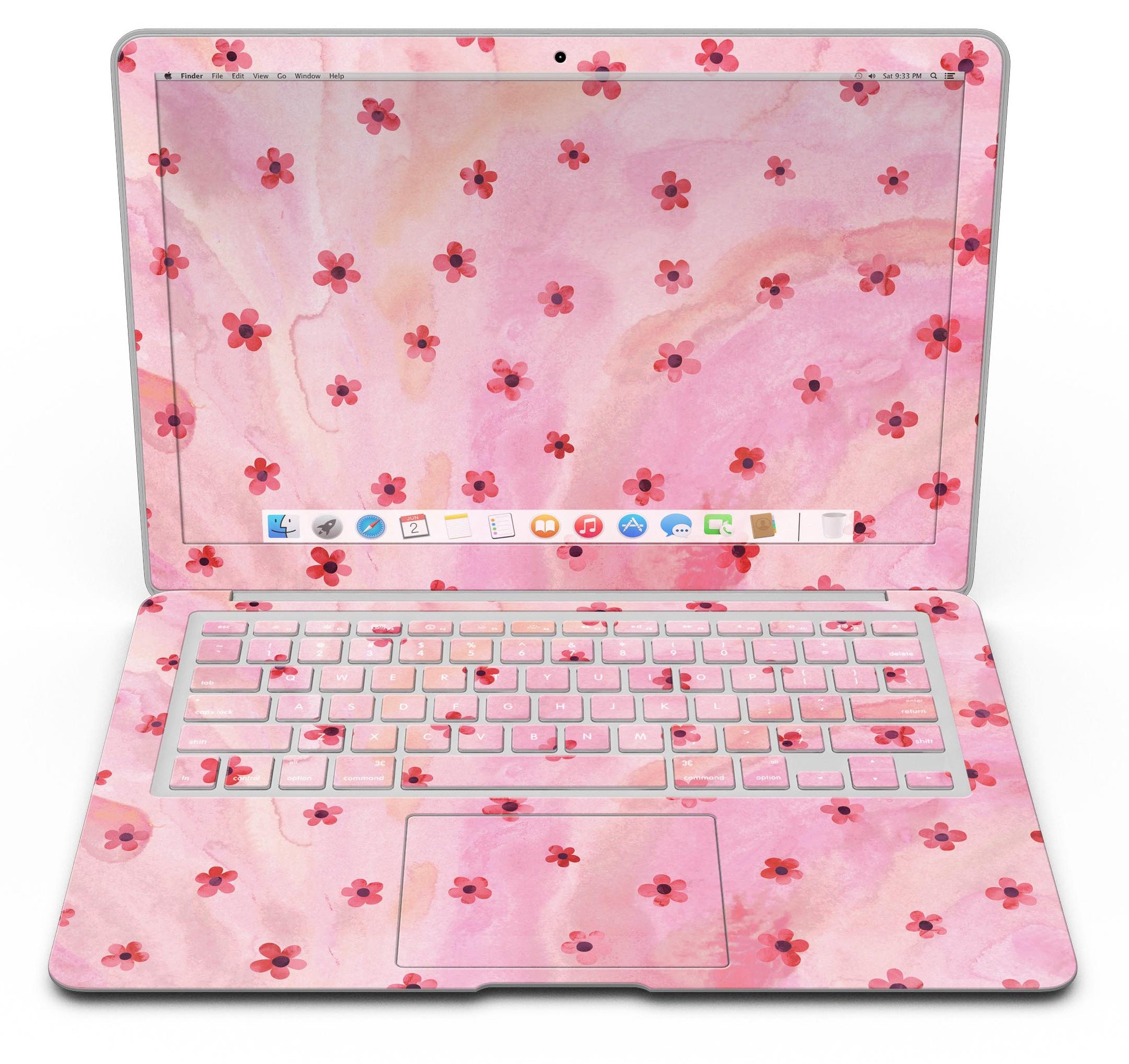 Cute Watercolor Flowers skin kit for MacBook Air, featuring vibrant floral designs on a pink background, showcasing style and protection.