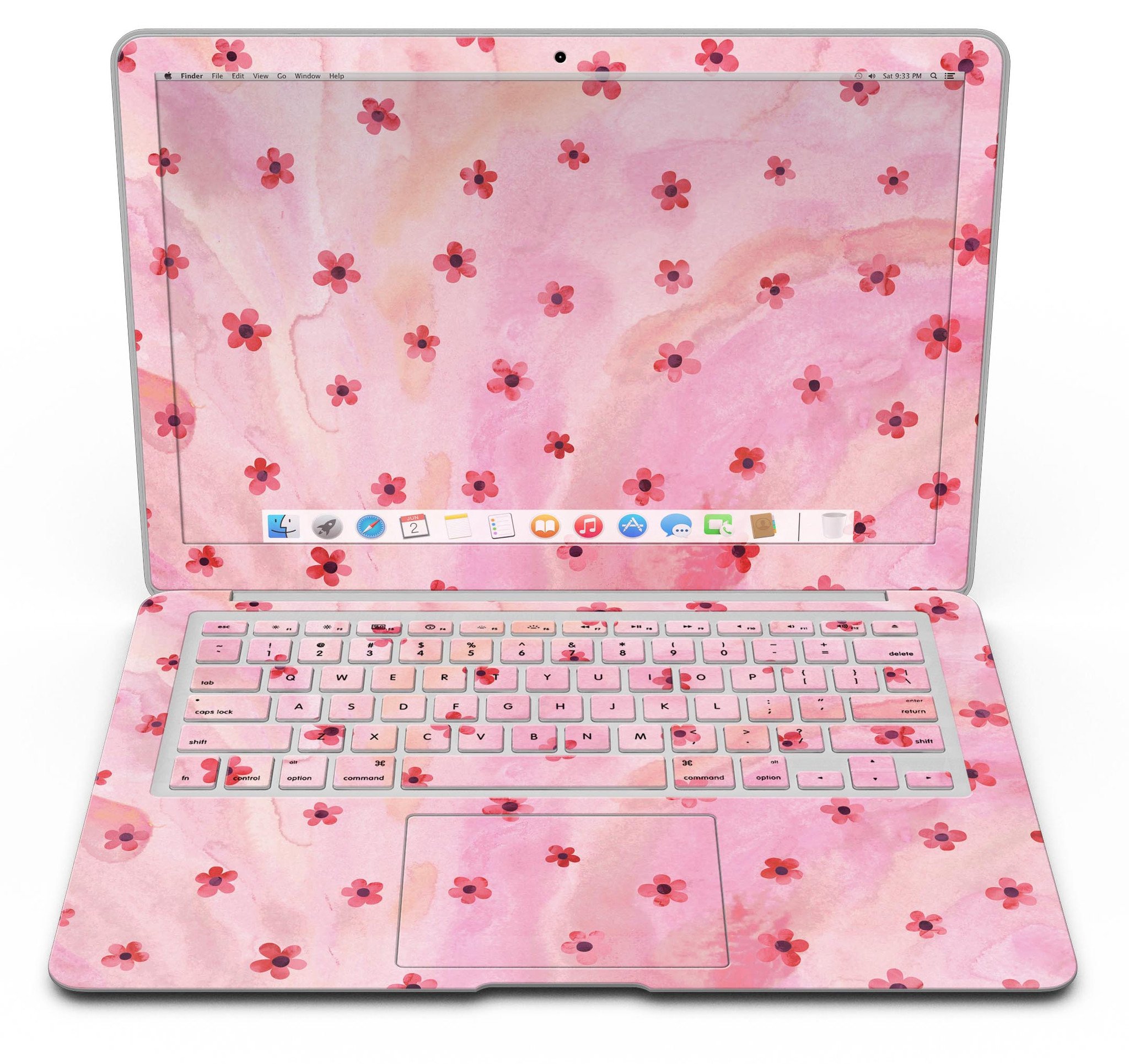 Cute Watercolor Flowers skin kit for MacBook Air, featuring vibrant floral designs on a pink background, showcasing style and protection.