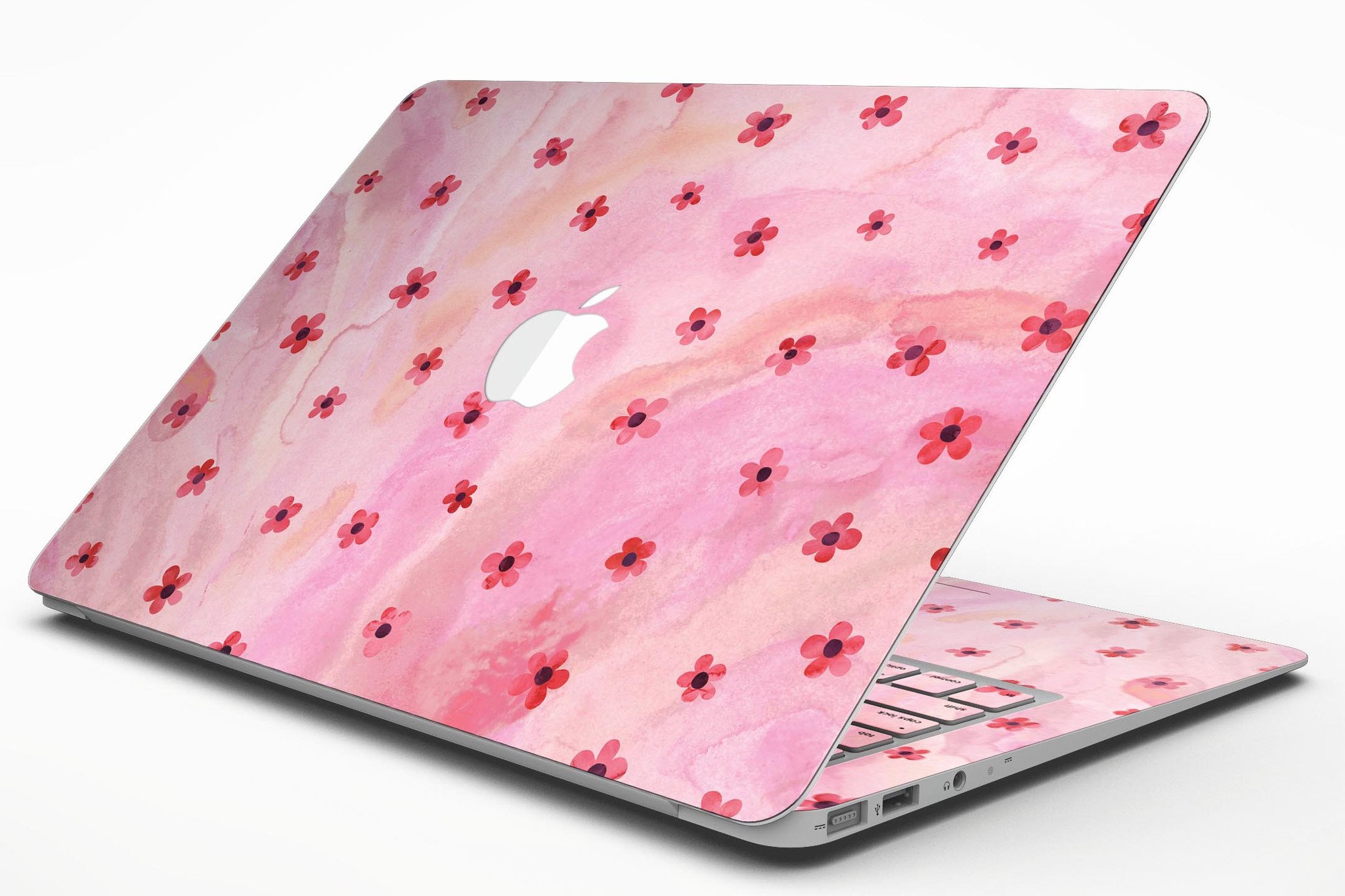 Cute Watercolor Flowers skin kit for MacBook Air, featuring vibrant floral designs on a pink background, showcasing style and protection.