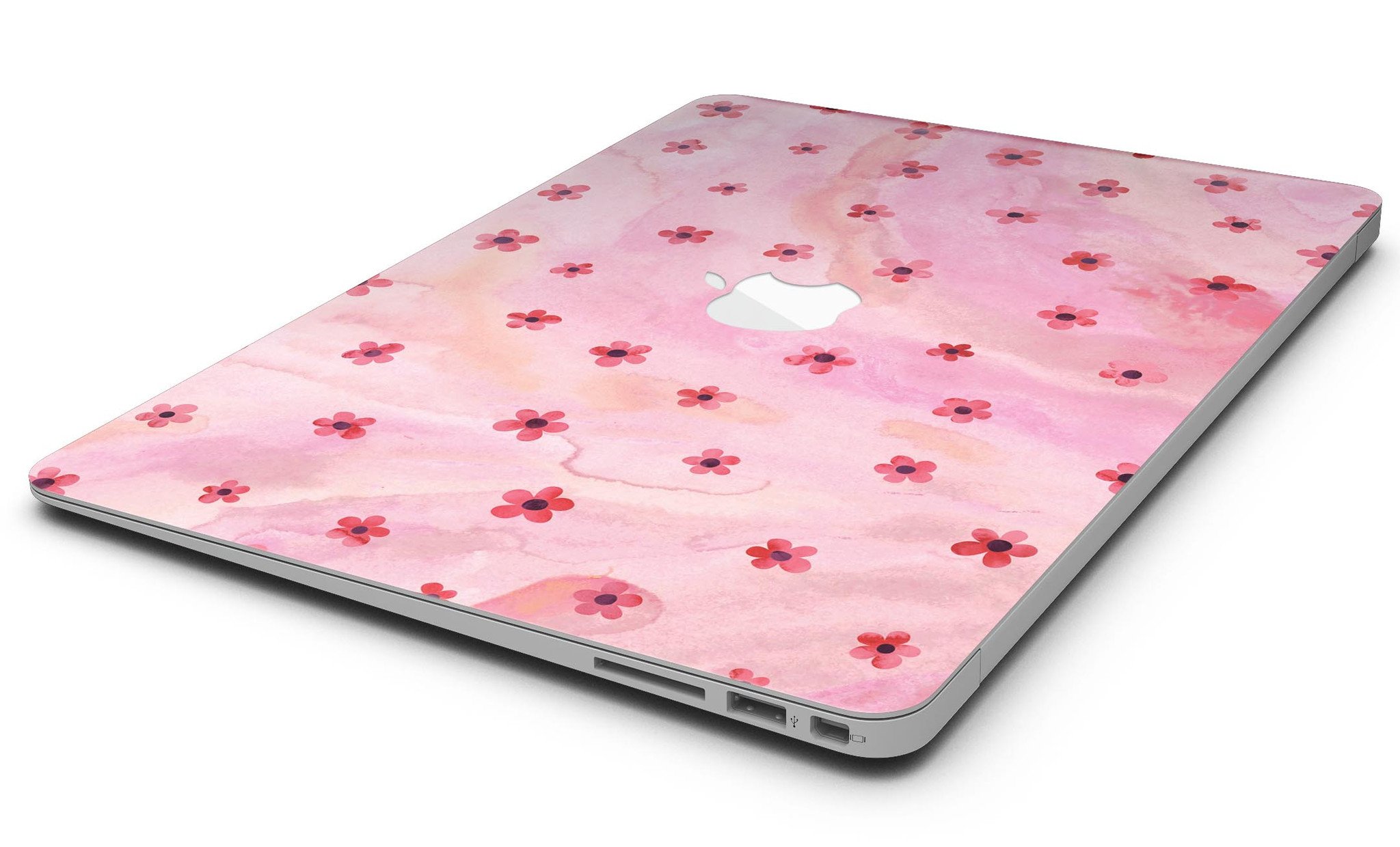 Cute Watercolor Flowers skin kit for MacBook Air, featuring vibrant floral designs on a pink background, showcasing style and protection.