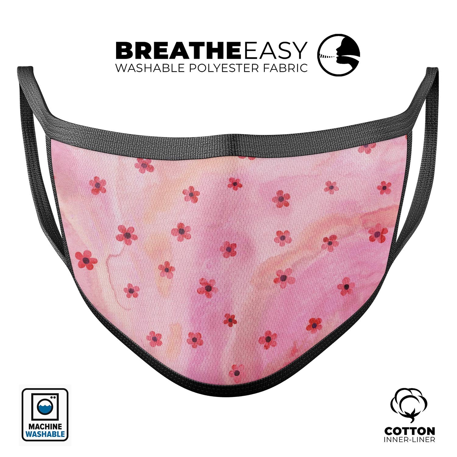 Cute watercolor flowers design on a pink reusable mouth cover, showcasing adjustable ear loops and soft cotton material.