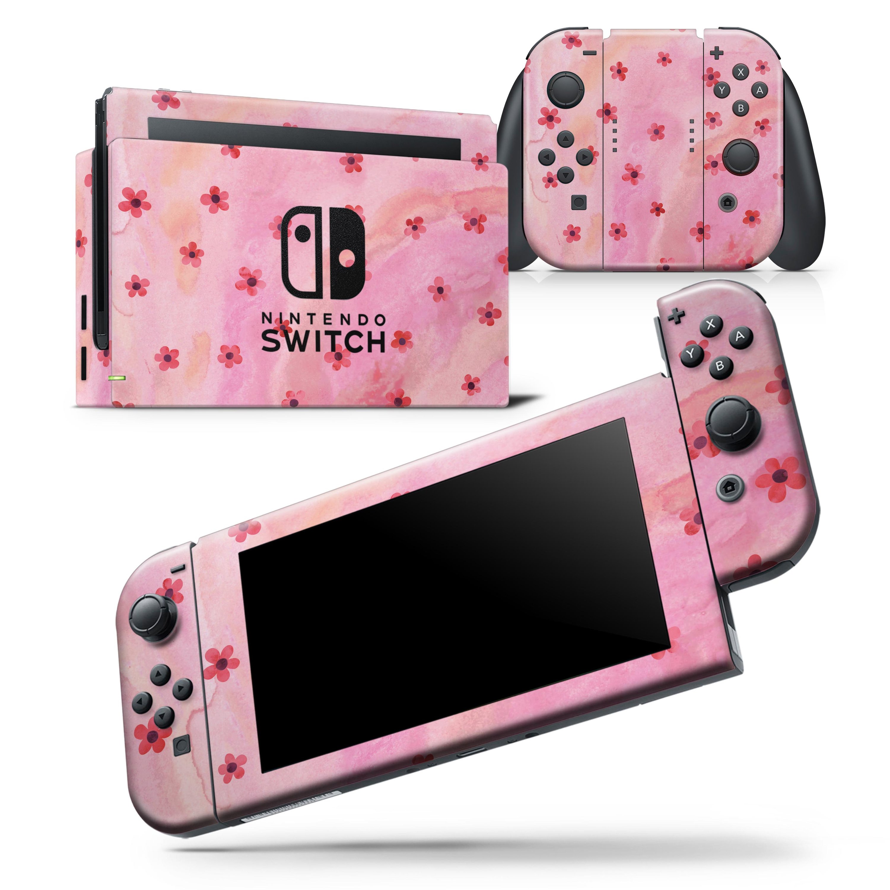 Cute Watercolor Flowers skin wrap decal for Nintendo Switch, featuring vibrant floral designs on a pink background.