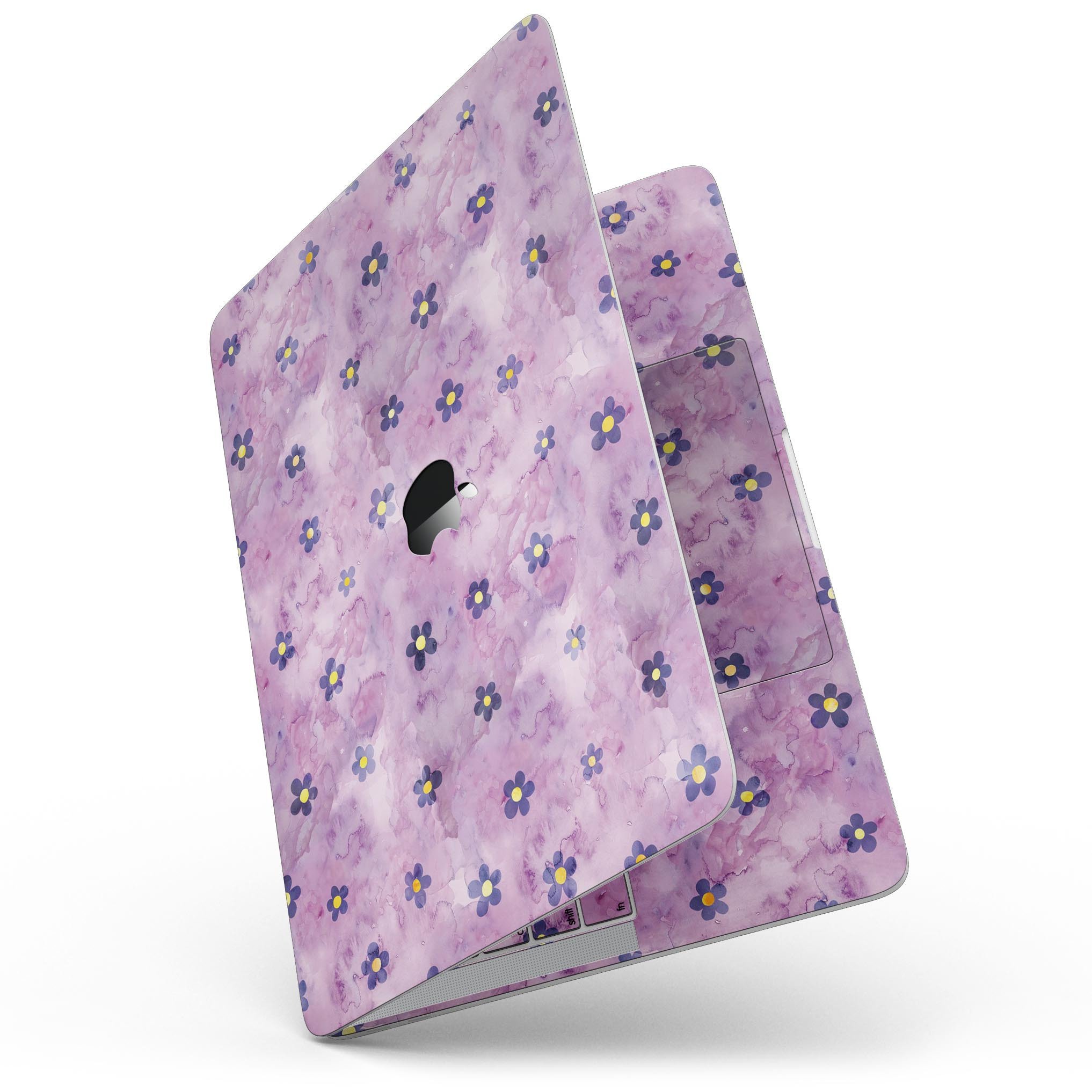 Cute watercolor flowers design skin for 13" MacBook Pro without Touch Bar, showcasing vibrant colors on a purple background.