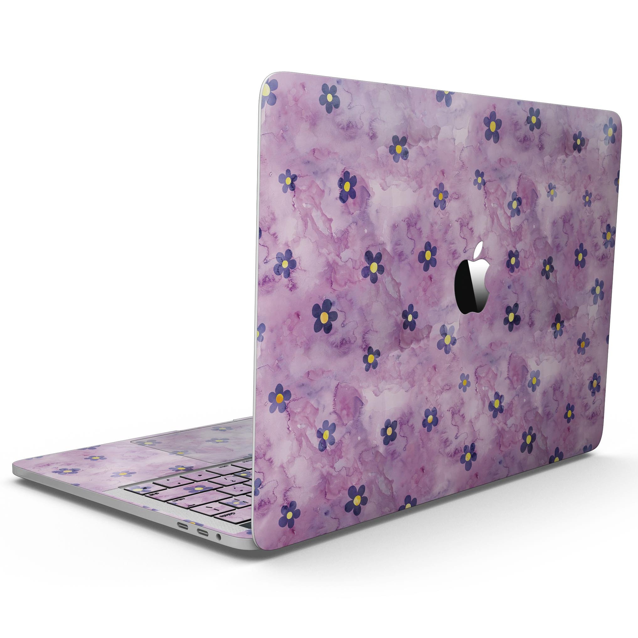 Cute watercolor flowers design skin for 13" MacBook Pro without Touch Bar, showcasing vibrant colors on a purple background.